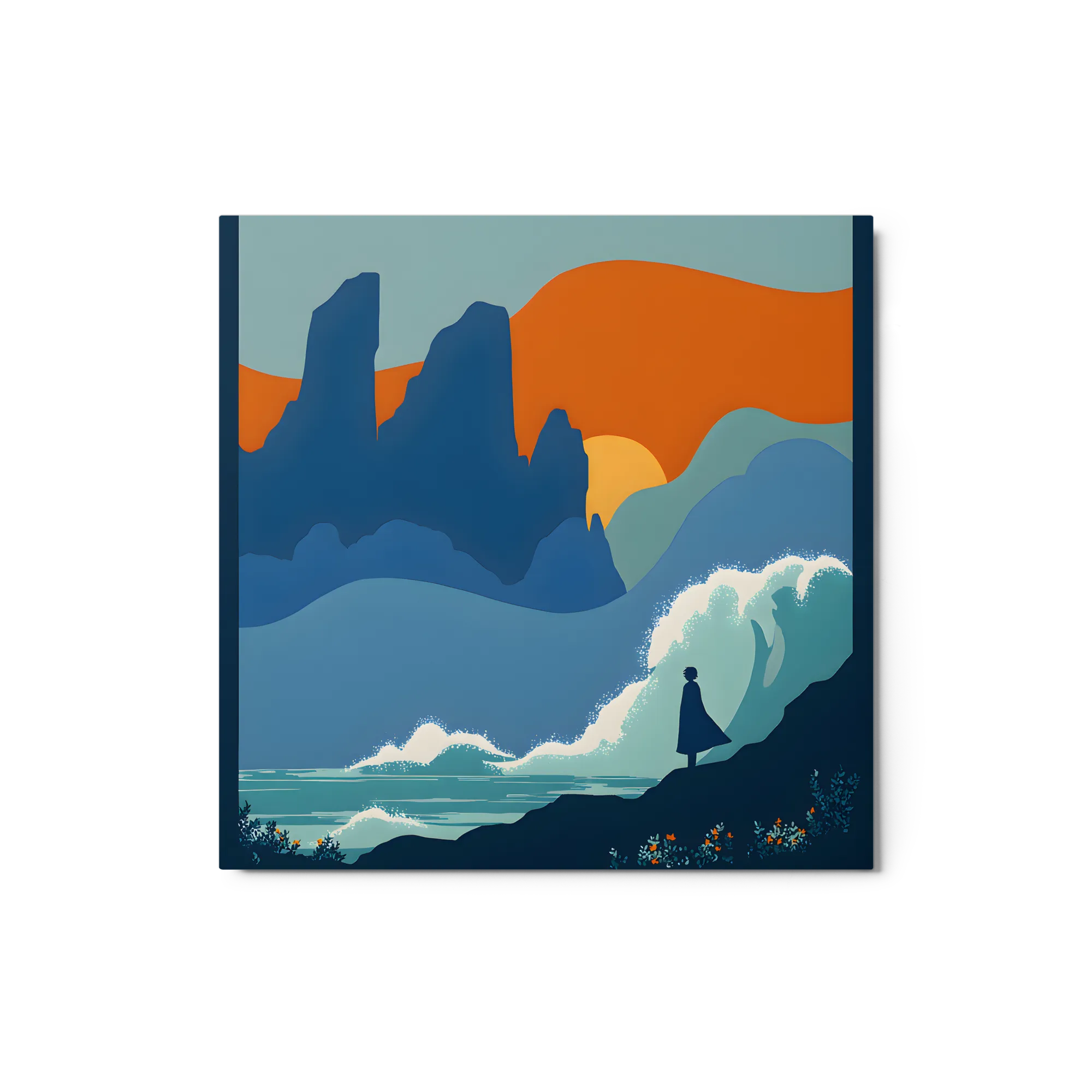 Solitary Figure at Sunset Coast 
 Canvas | 8″x 8″