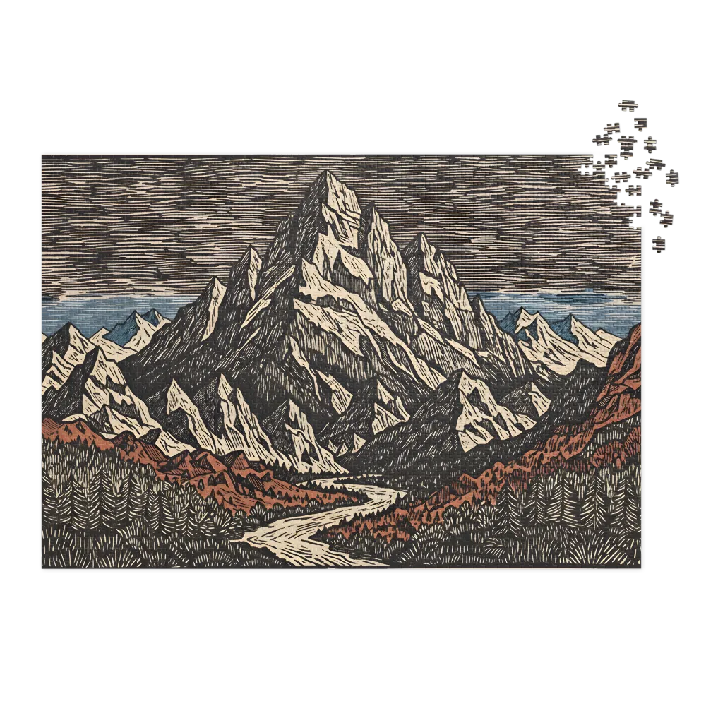 Alpine Woodcut Landscape