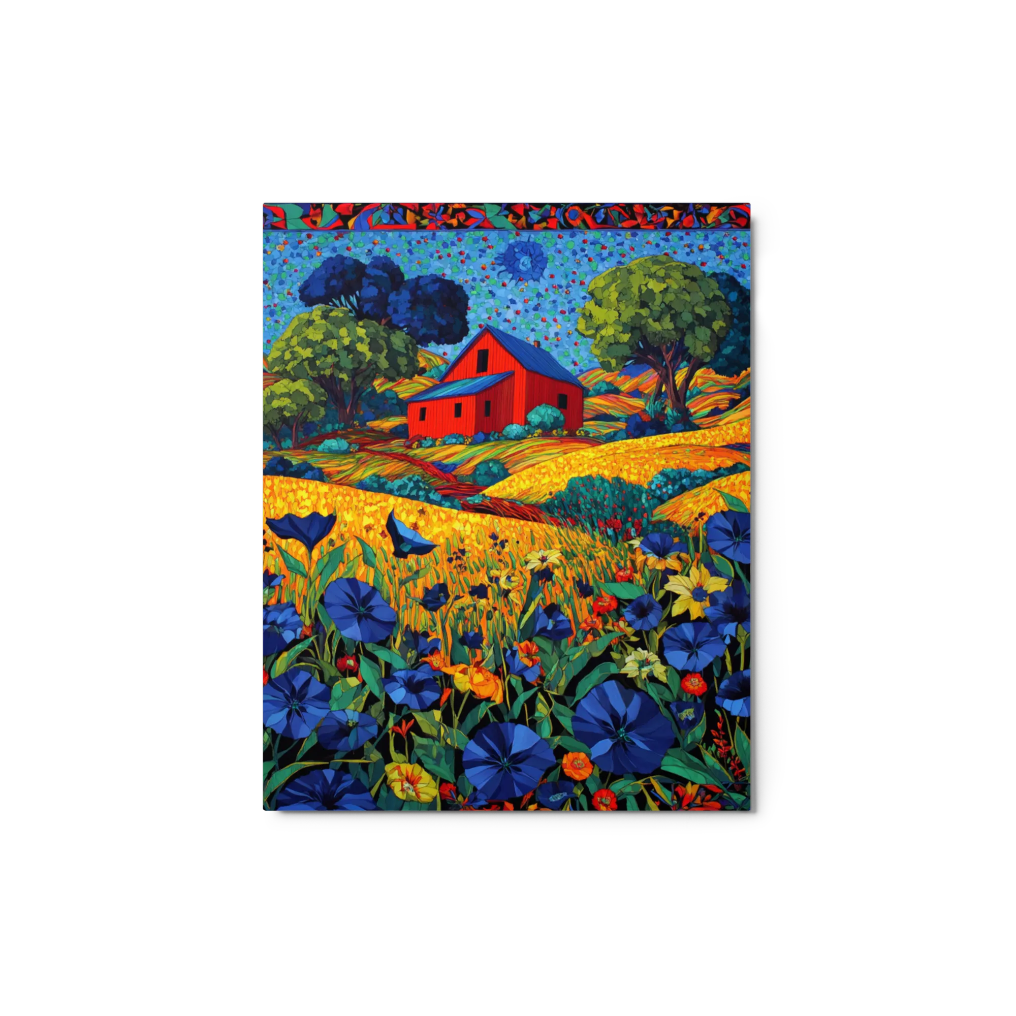 Crimson Barn in Blue Fields
