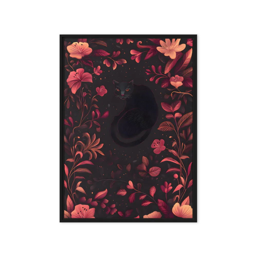 Nocturnal Floral Cat 
 Canvas with Brown Frame