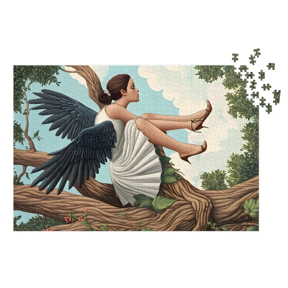 Surreal Woman with Black Wings in Tree