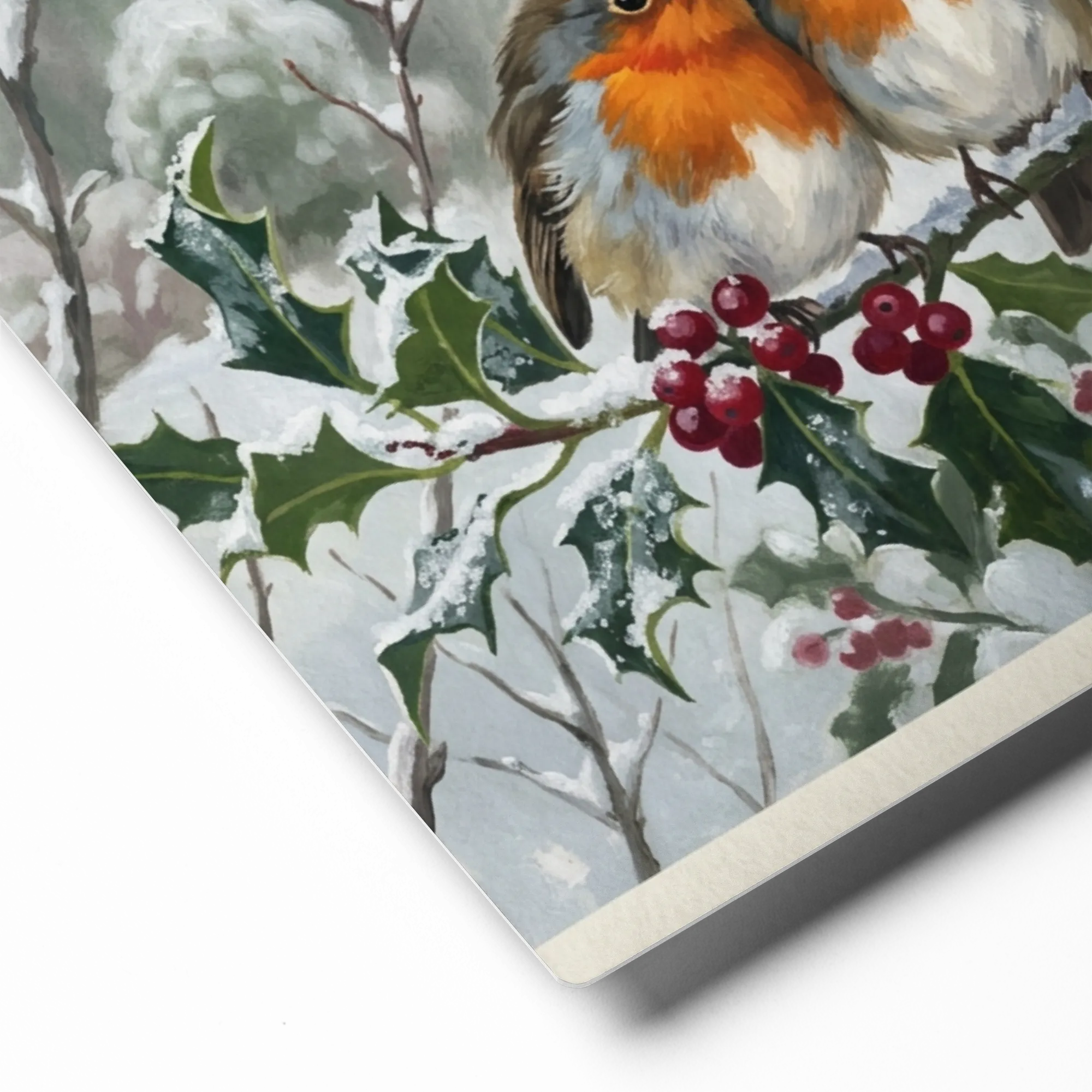 Winter Robins on Holly 
 Poster with Red oak Frame | 12″x 16″
