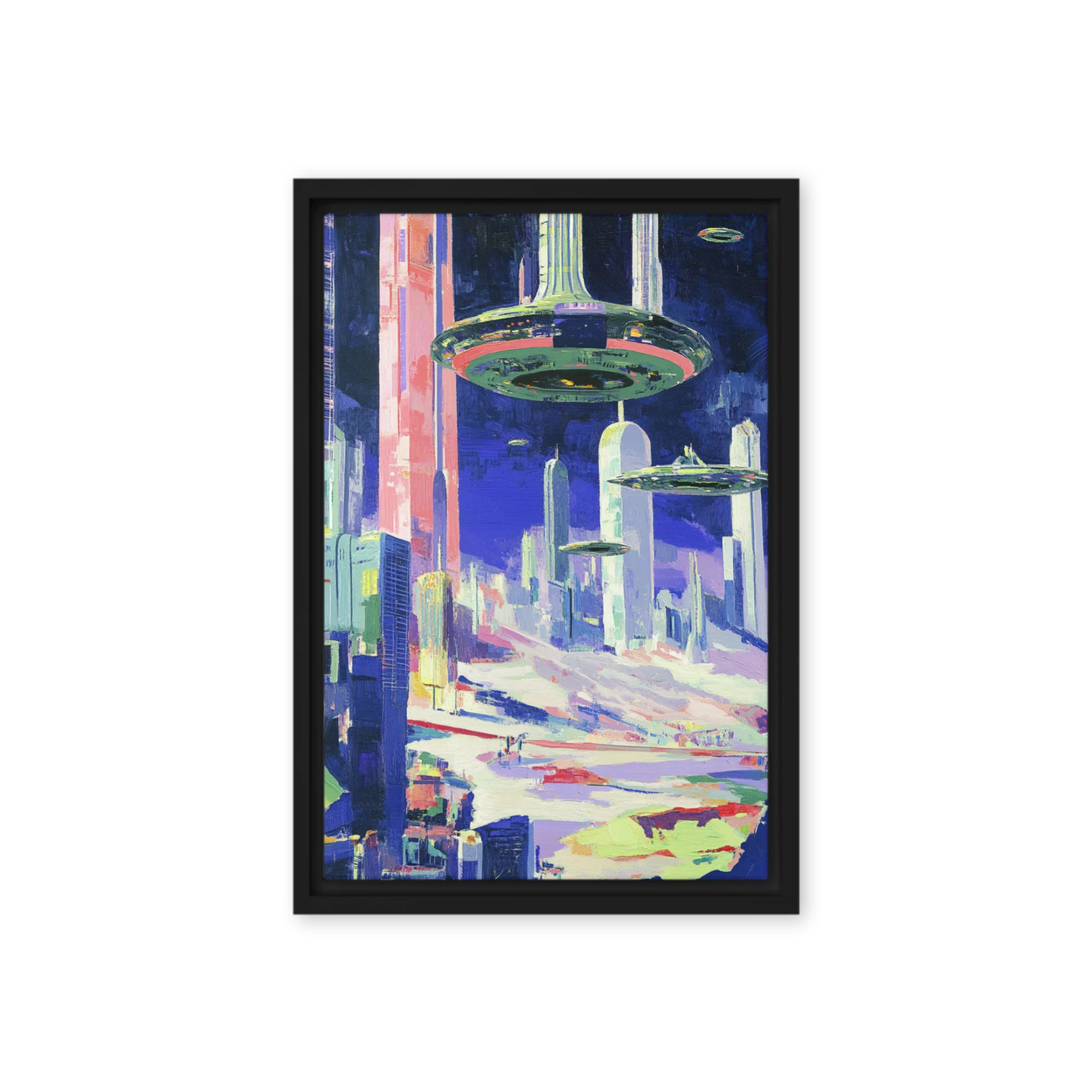 Futuristic Cityscape with Flying Saucers
