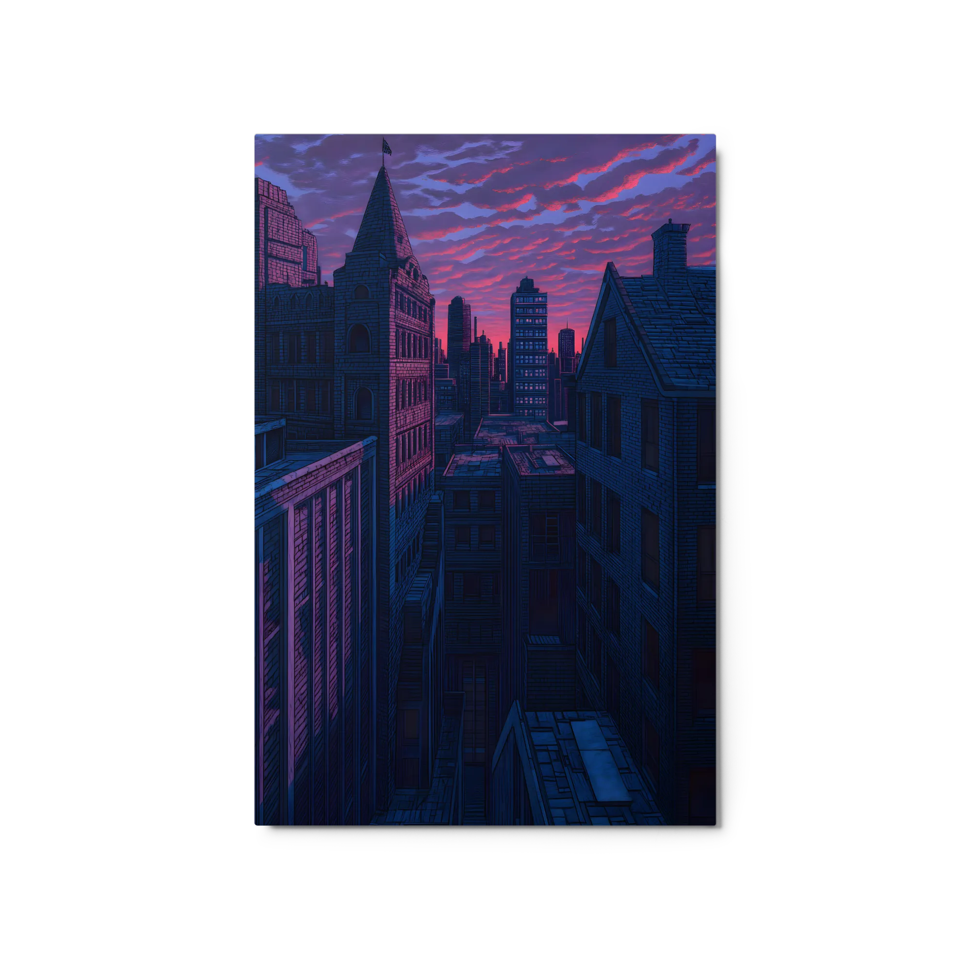 Purple Cityscape Sunset 
 Canvas with White Frame