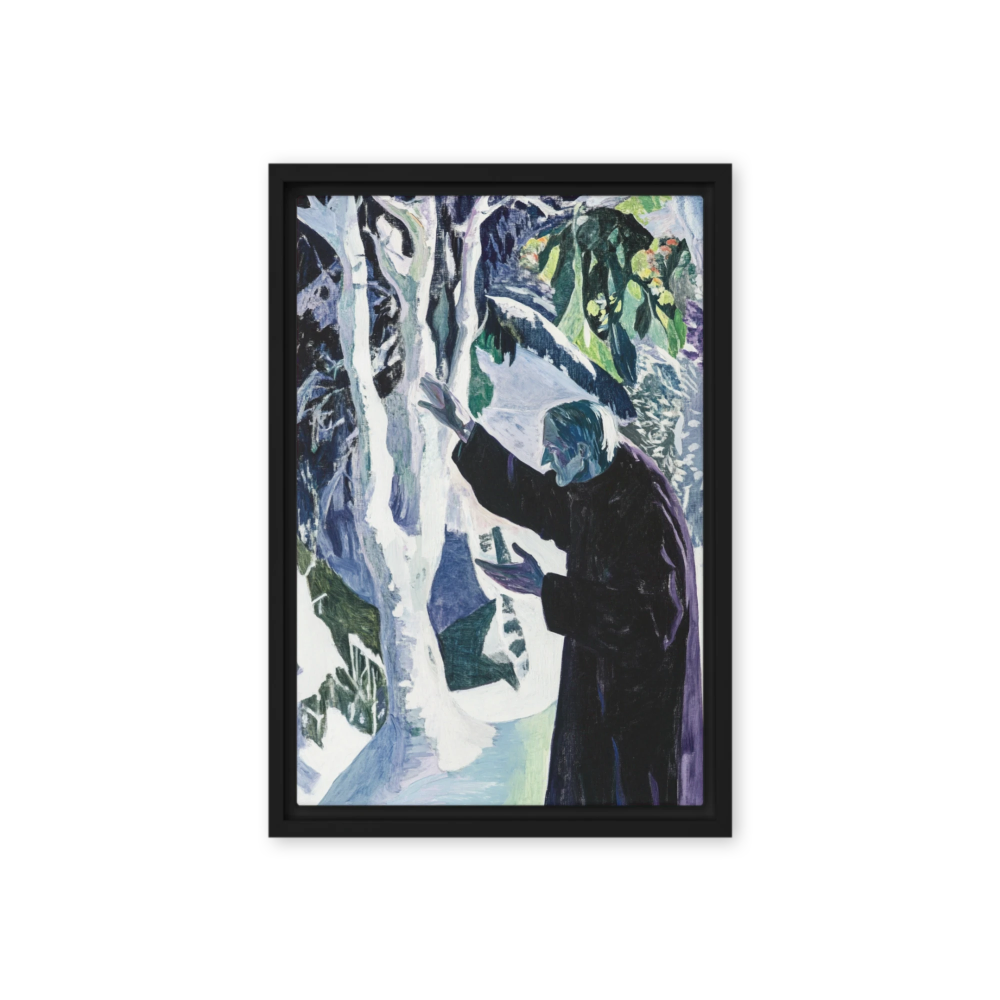 Elderly Figure Interacting with Snowy Tree