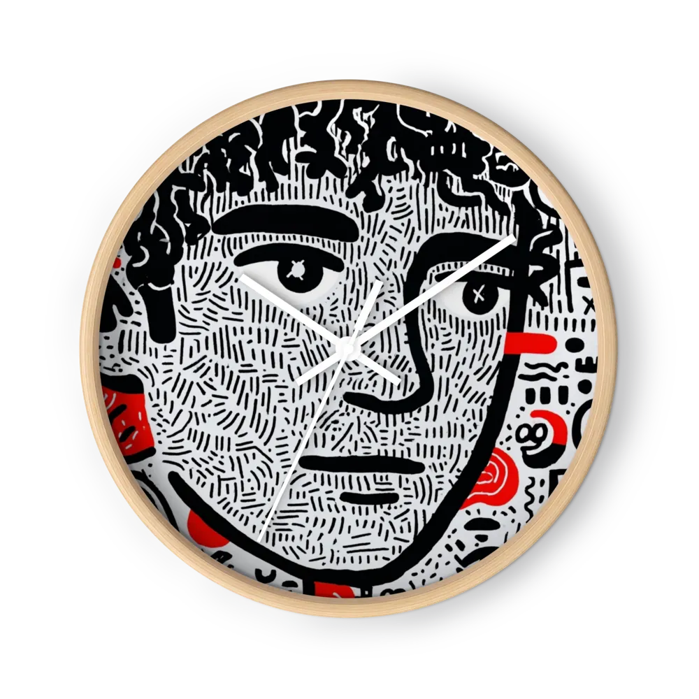 Doodled Portrait in Black, White, and Red | Wall Clock