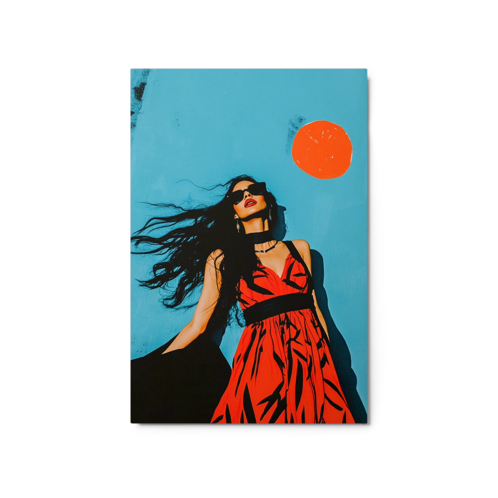 Woman in Red Dress Against Blue Background