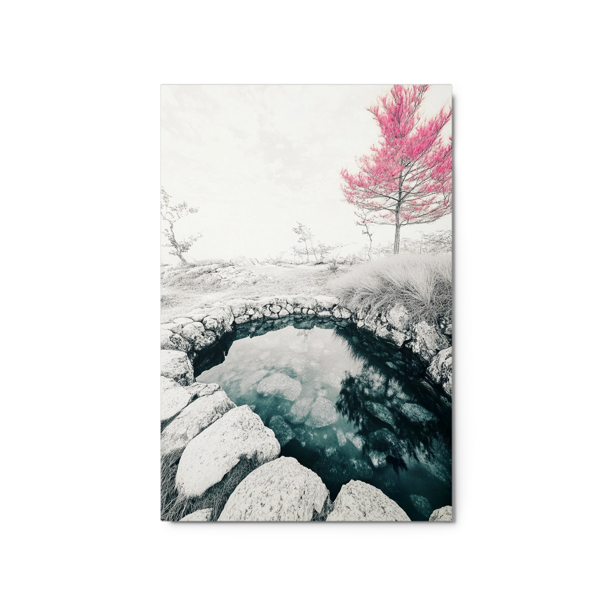 Surreal Landscape with Pink Tree and Water Pool