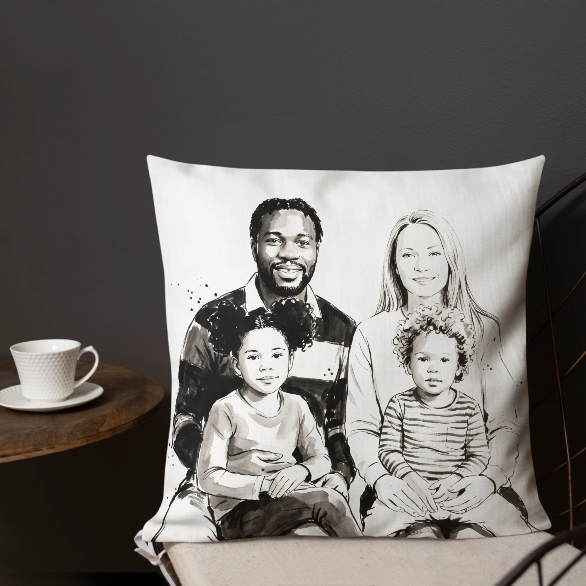 Family Portrait Pillow — Sumi Ink — Pillow · in setting