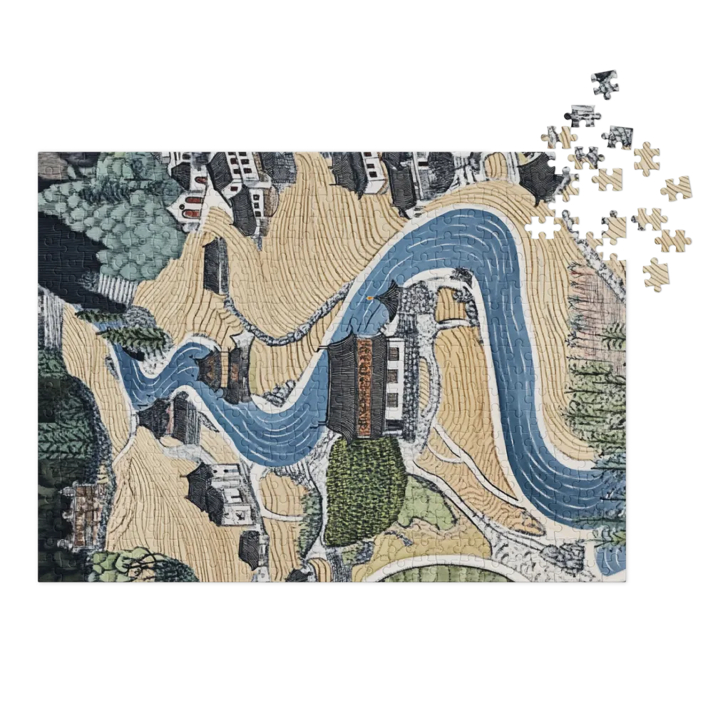 Winding River Through Village Landscape