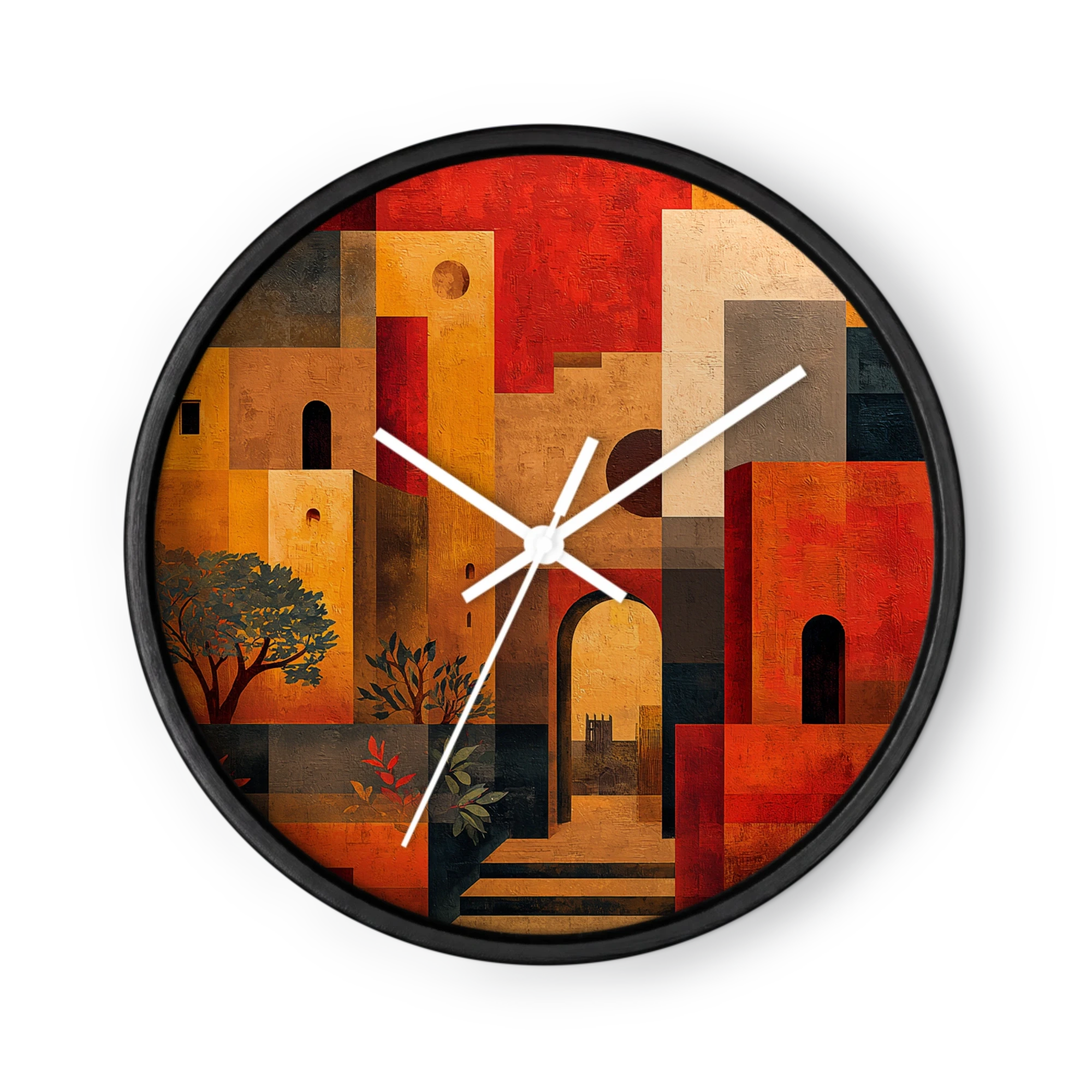 Terracotta Cubist Abstraction Wall Clocks — Brick Red And Ochre