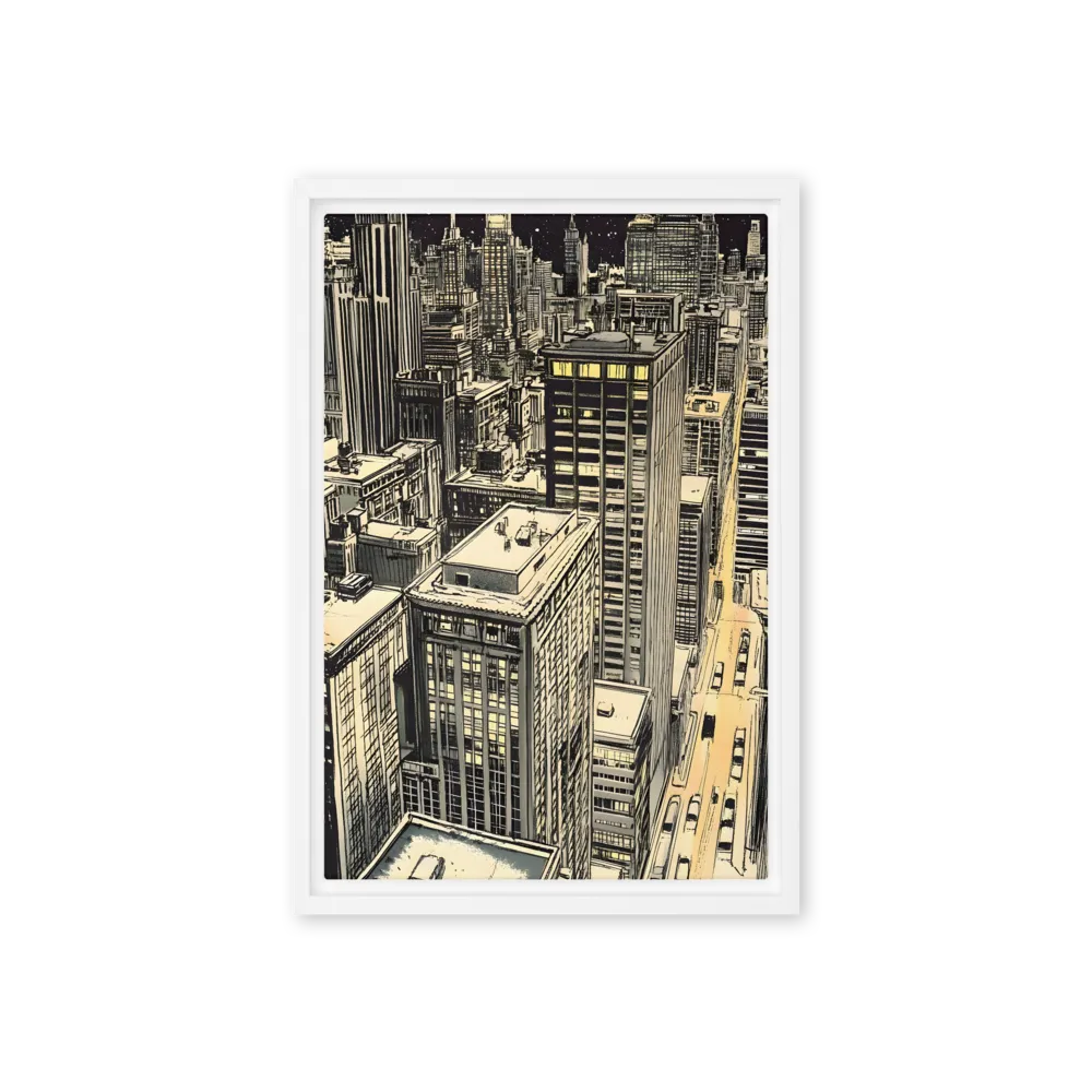 Urban Nightscape Illustration 
 Canvas with Brown Frame