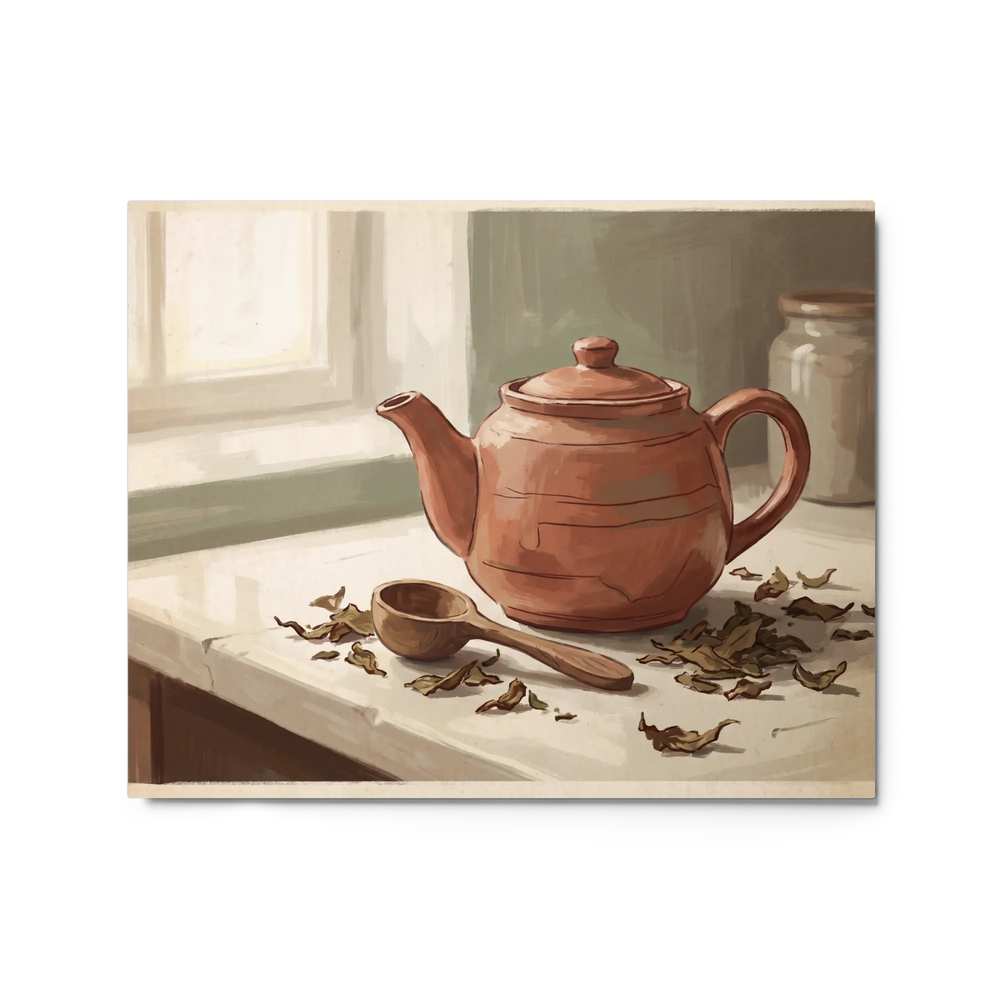 Terracotta Teapot and Leaves 
 Paper Print With White Frame & Mat | 18″x 24″