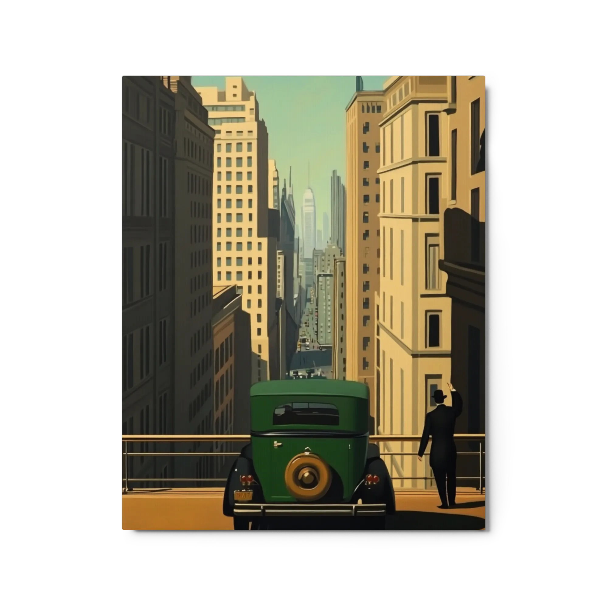 Vintage Green Car Overlooking Art Deco Cityscape