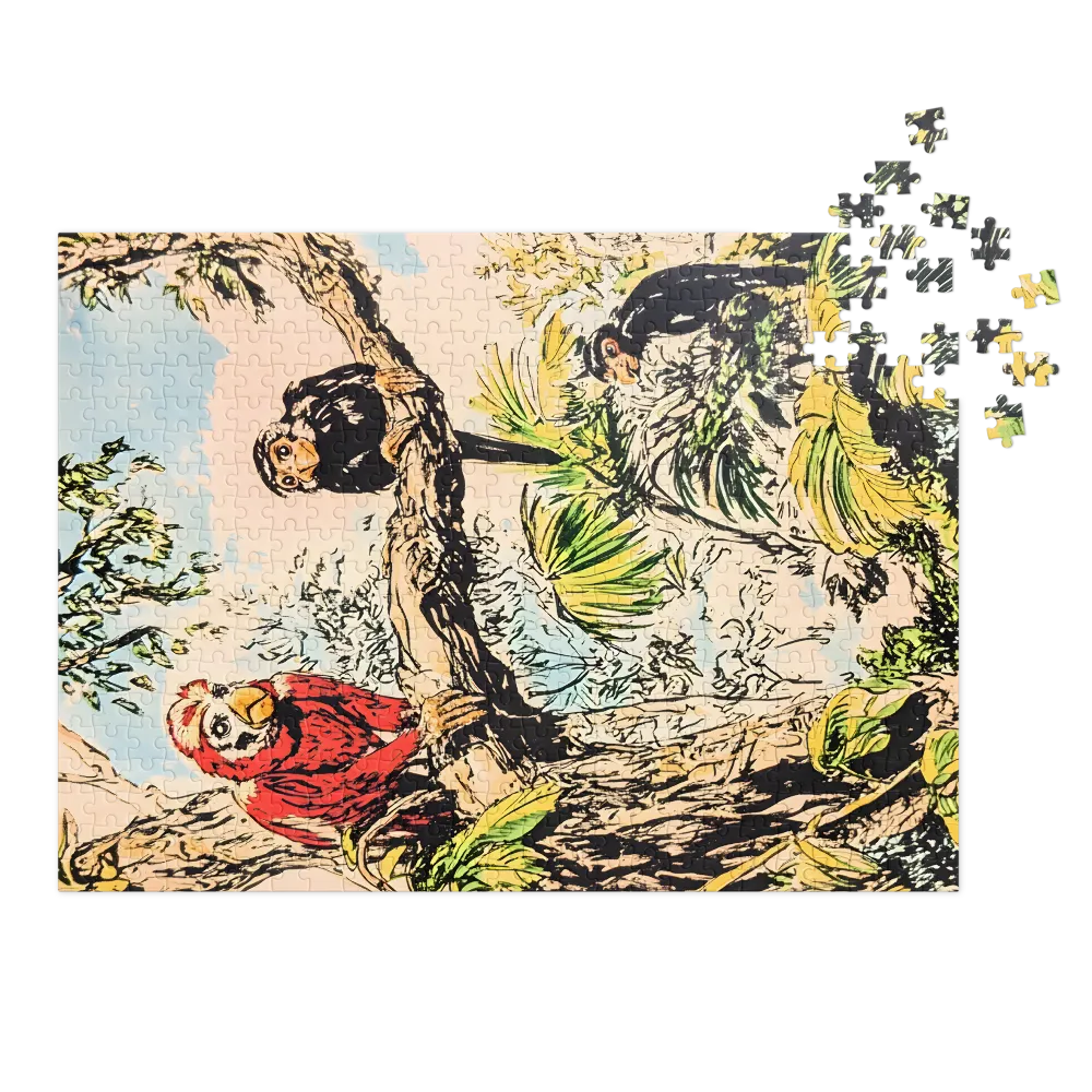 Colorful Parrots and Monkeys in Lush Foliage