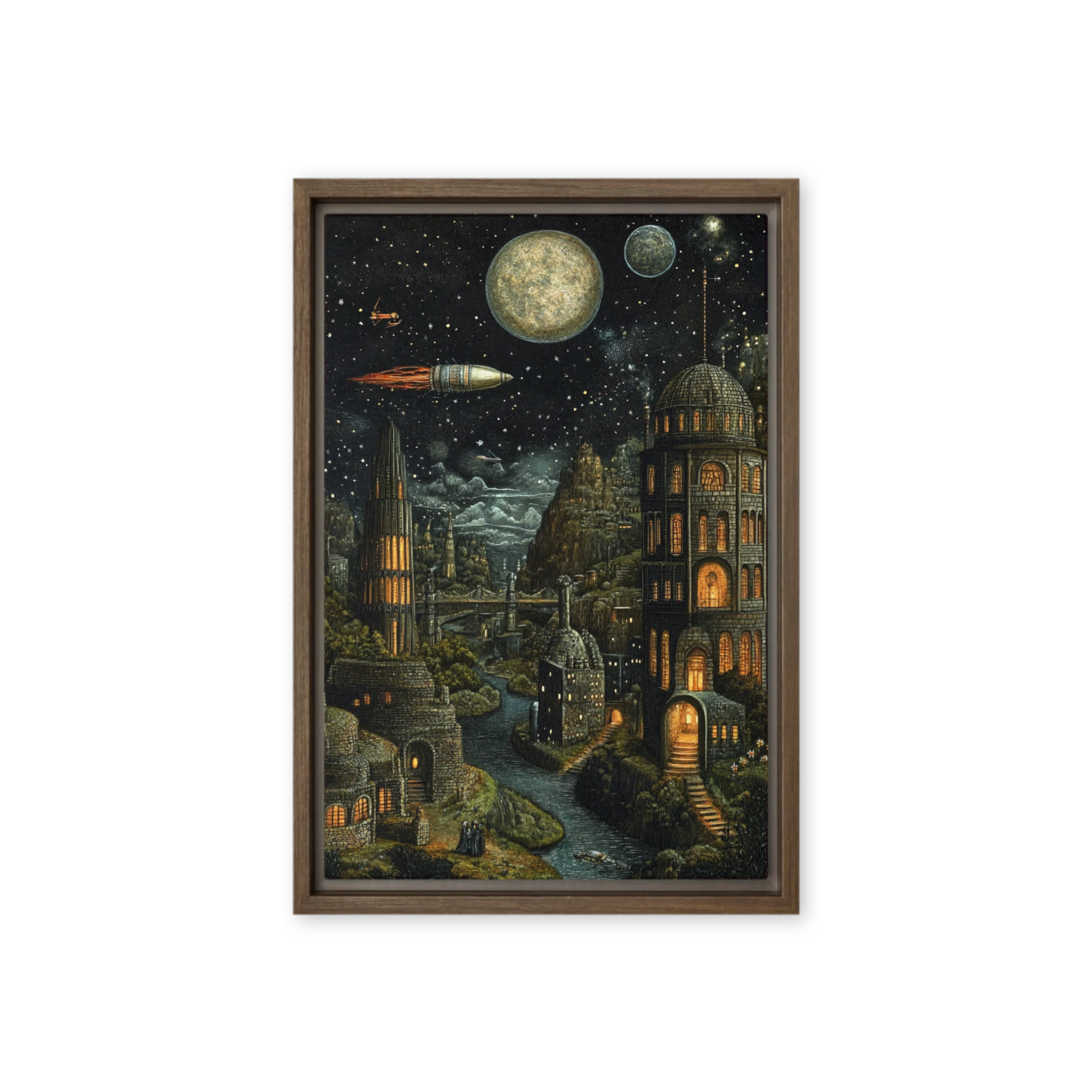 Surreal Cityscape with Celestial Bodies
