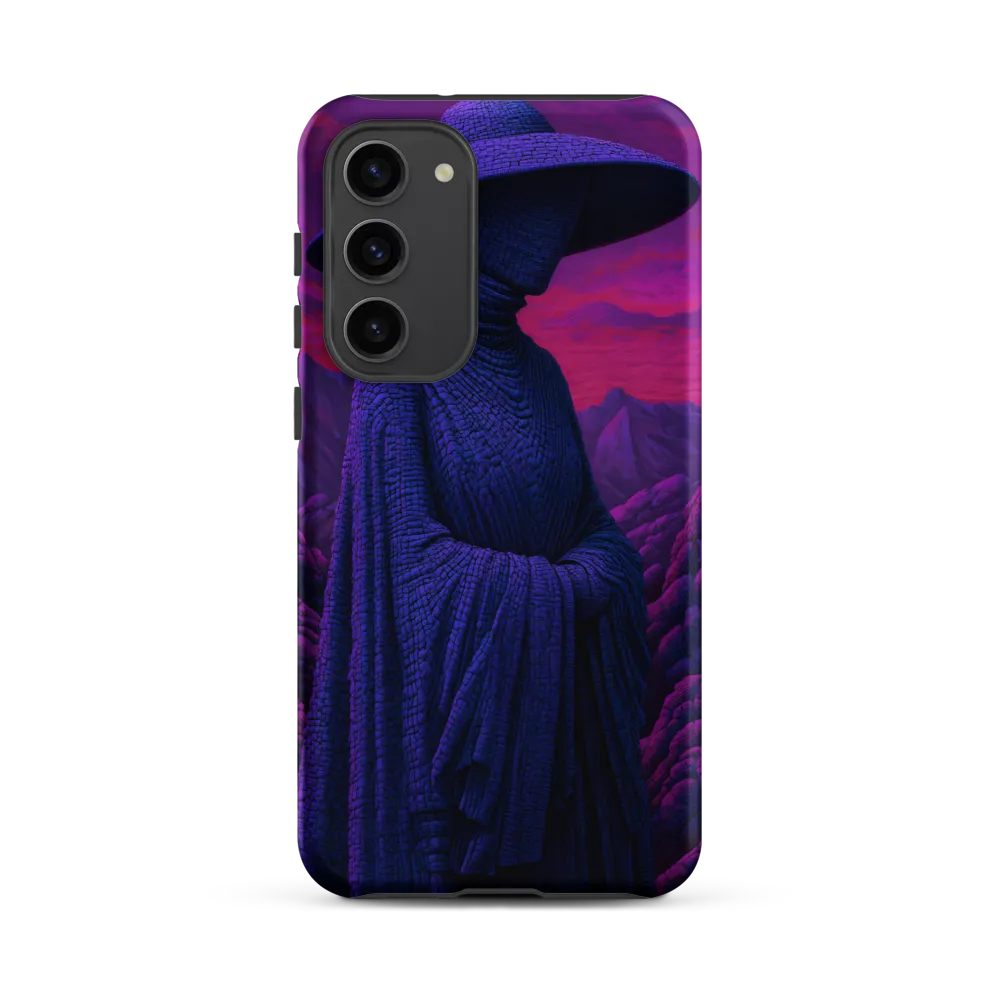 Surreal Cloaked Figure in Purple Landscape