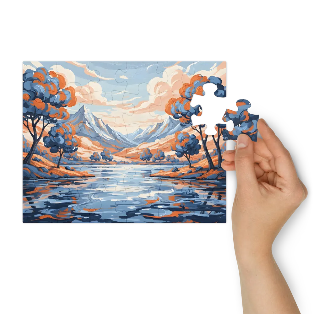 Stylized Lake Landscape 
 Jigsaw Puzzle in Tin Box