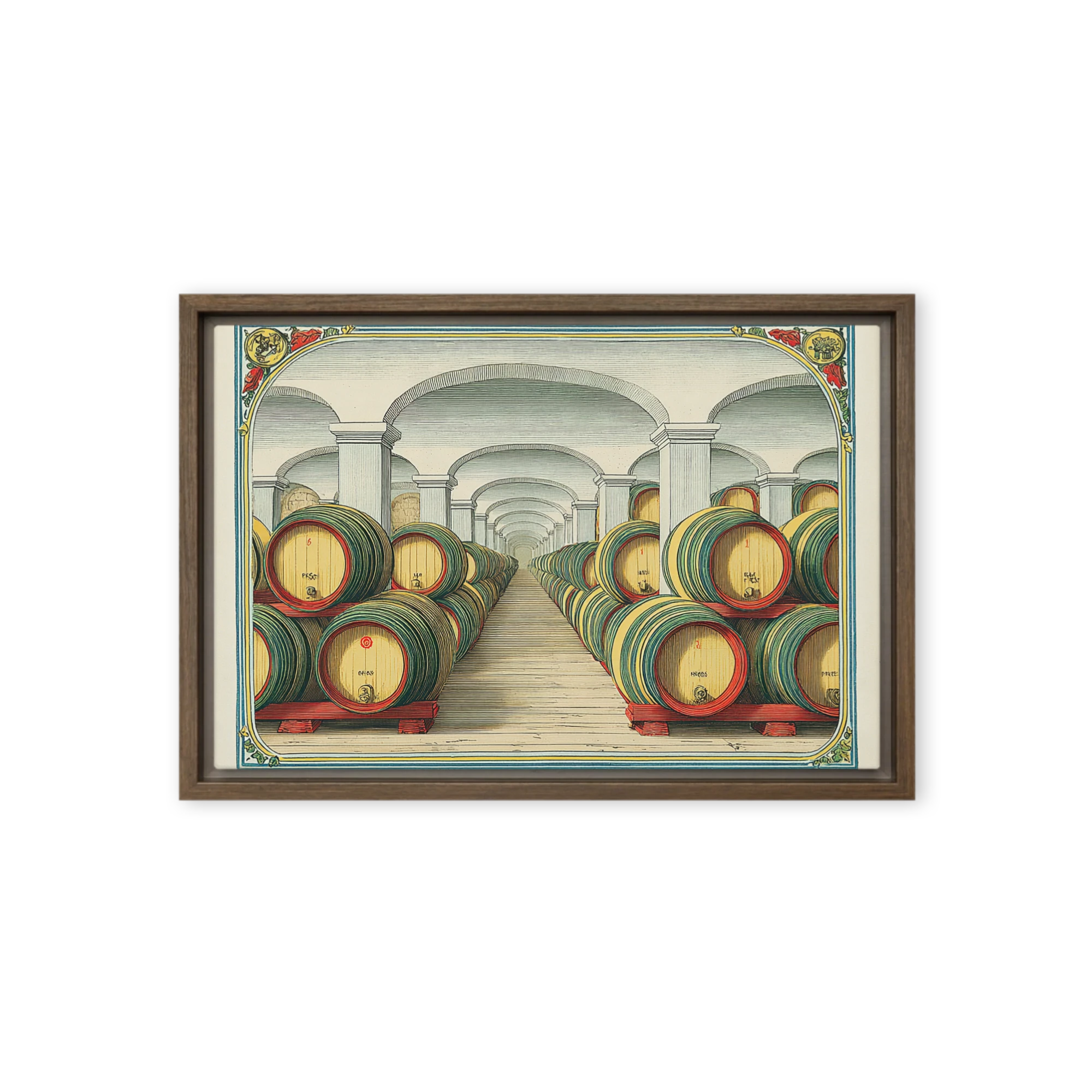 Victorian Hand-Colored Engraving Wall Art — Teal, Ochre, Rose Red