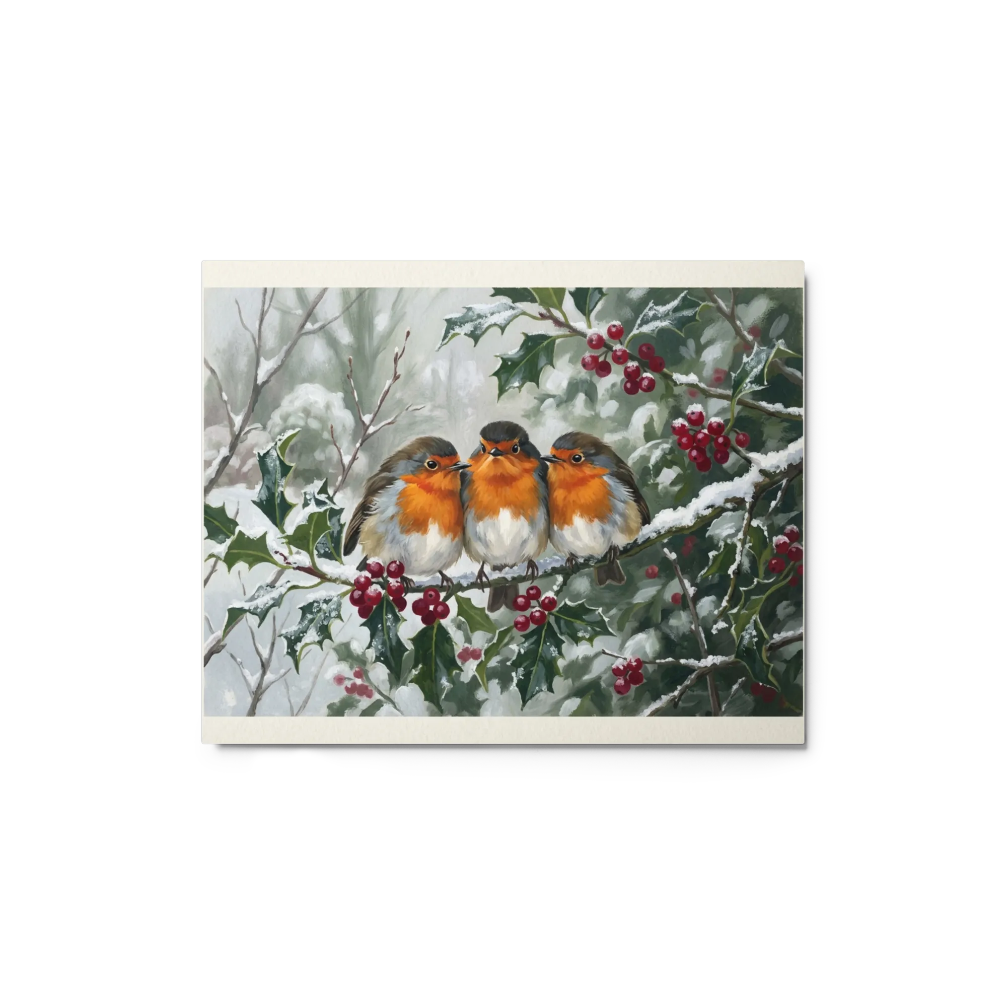 Winter Robins on Holly 
 Poster with Red oak Frame | 12″x 16″