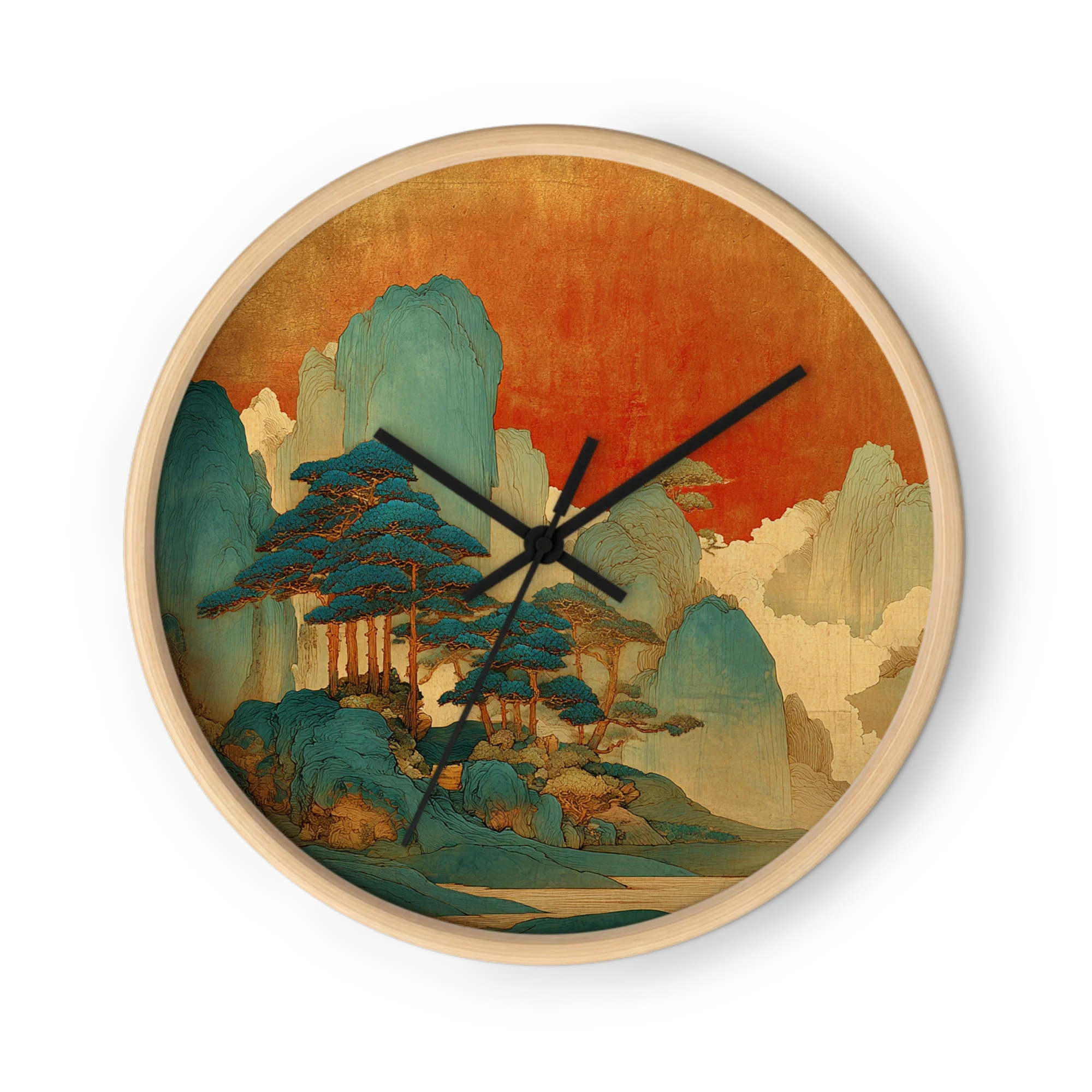 Gilded Dunhuang Shanshui Wall Clocks — Vermilion Sun, Teal Pines