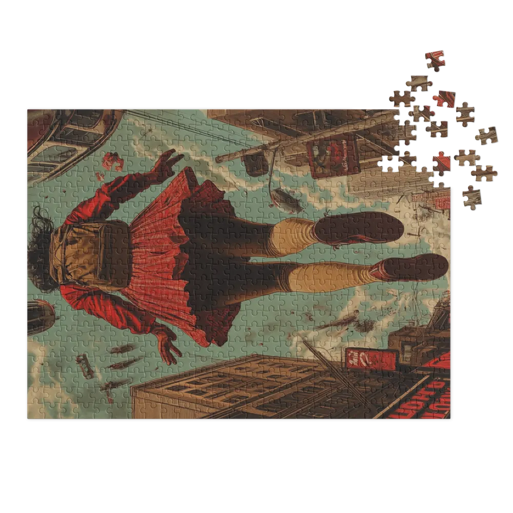 Surreal Girl Soaring Above City