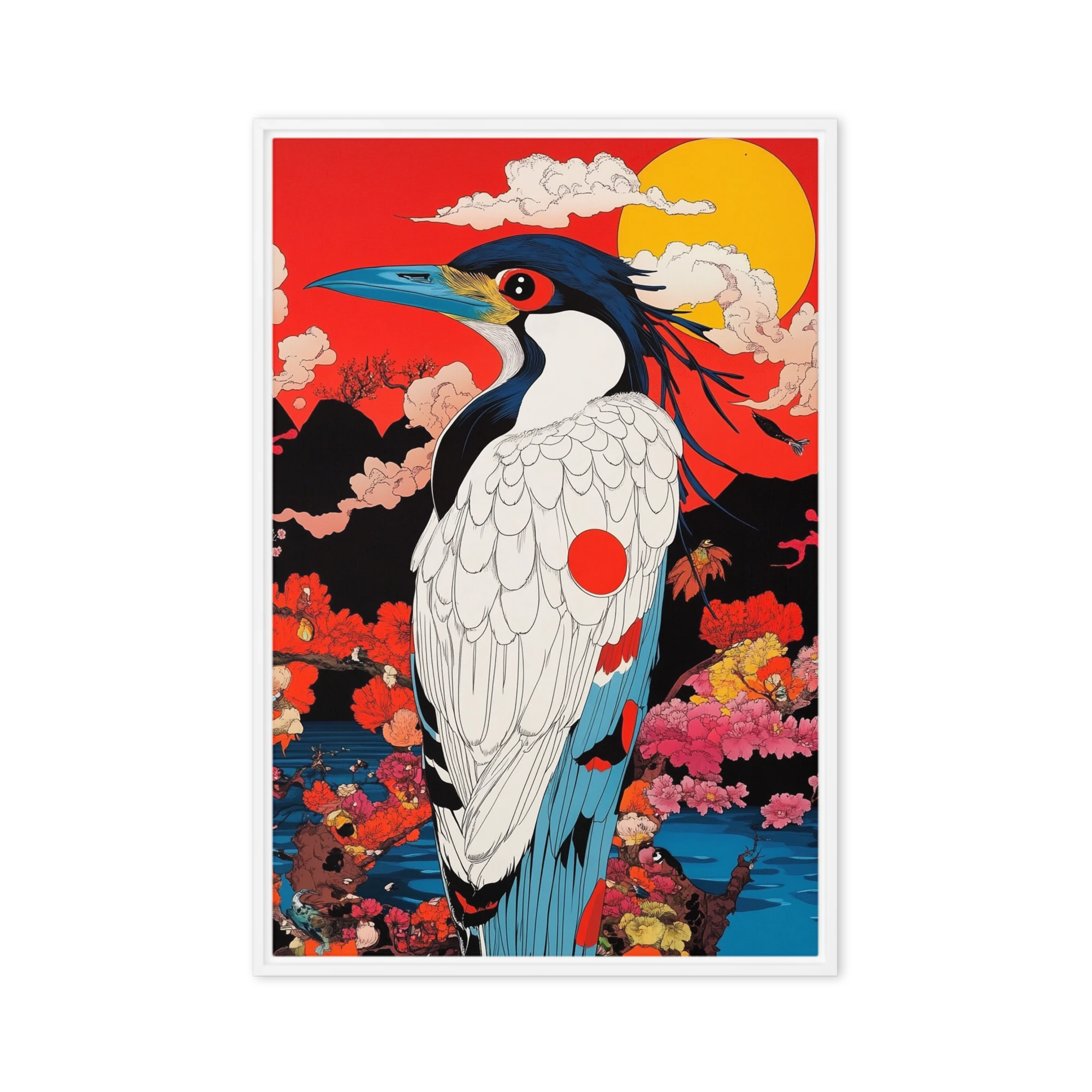 Neo-Ukiyo-e Heron Amidst Blossoms | Art Print