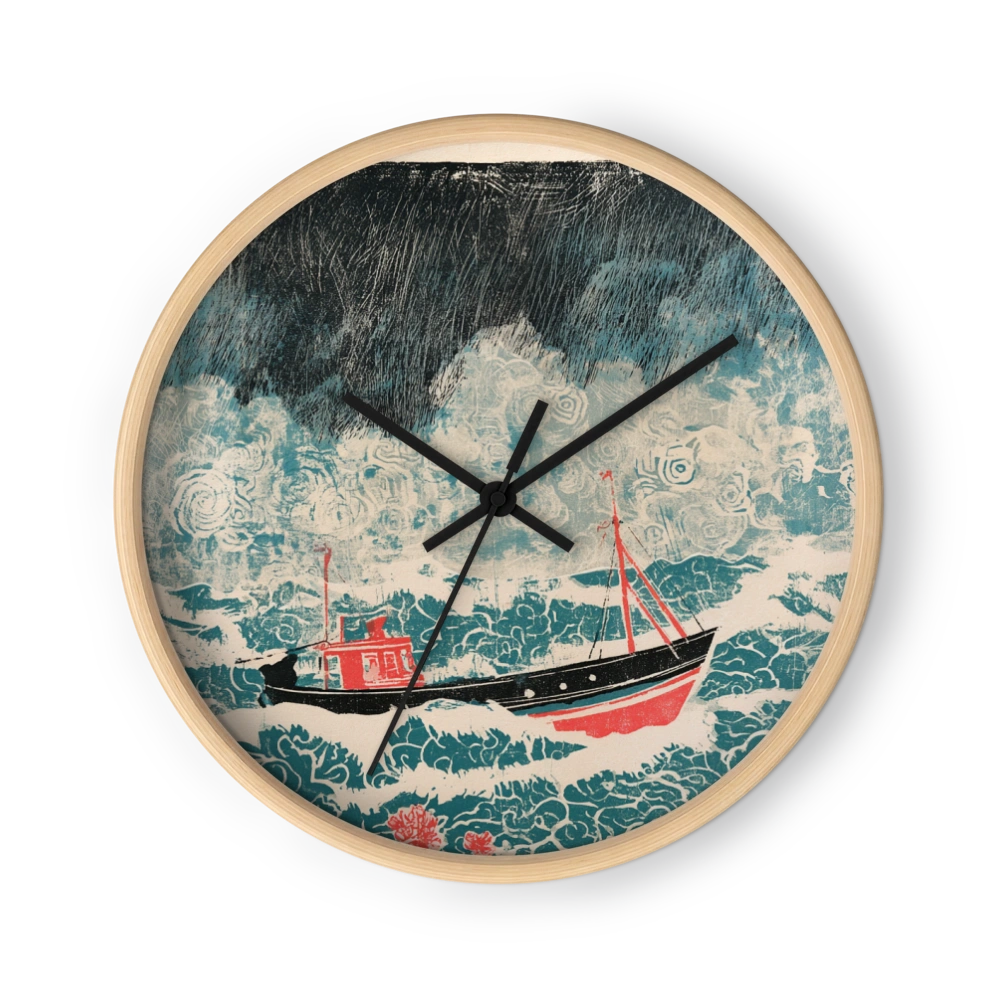Teal And Coral Relief Print Clocks — Storm Seas In Relief