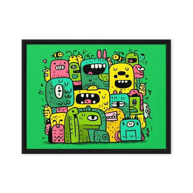 Stacked monster heads on acid green — Heavy marker contours