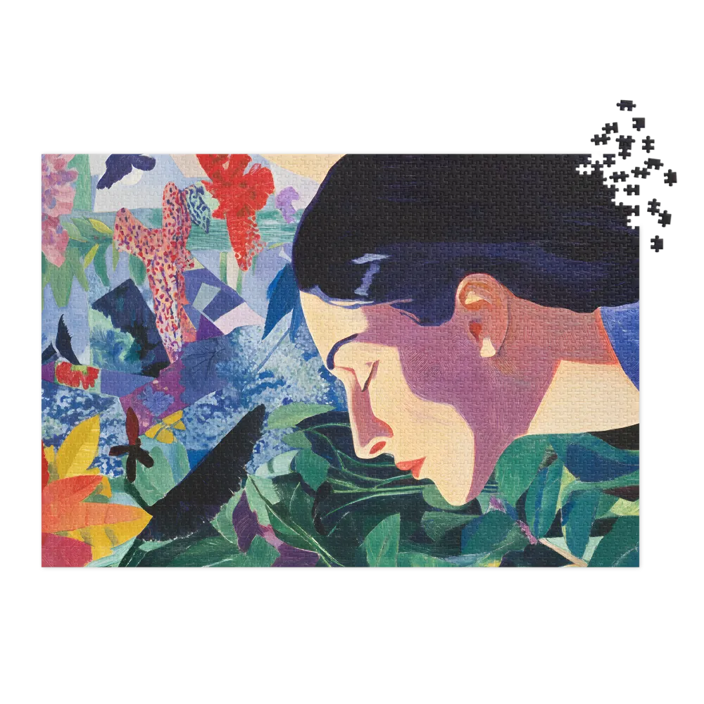 Woman Portrait with Flowers and Butterflies
