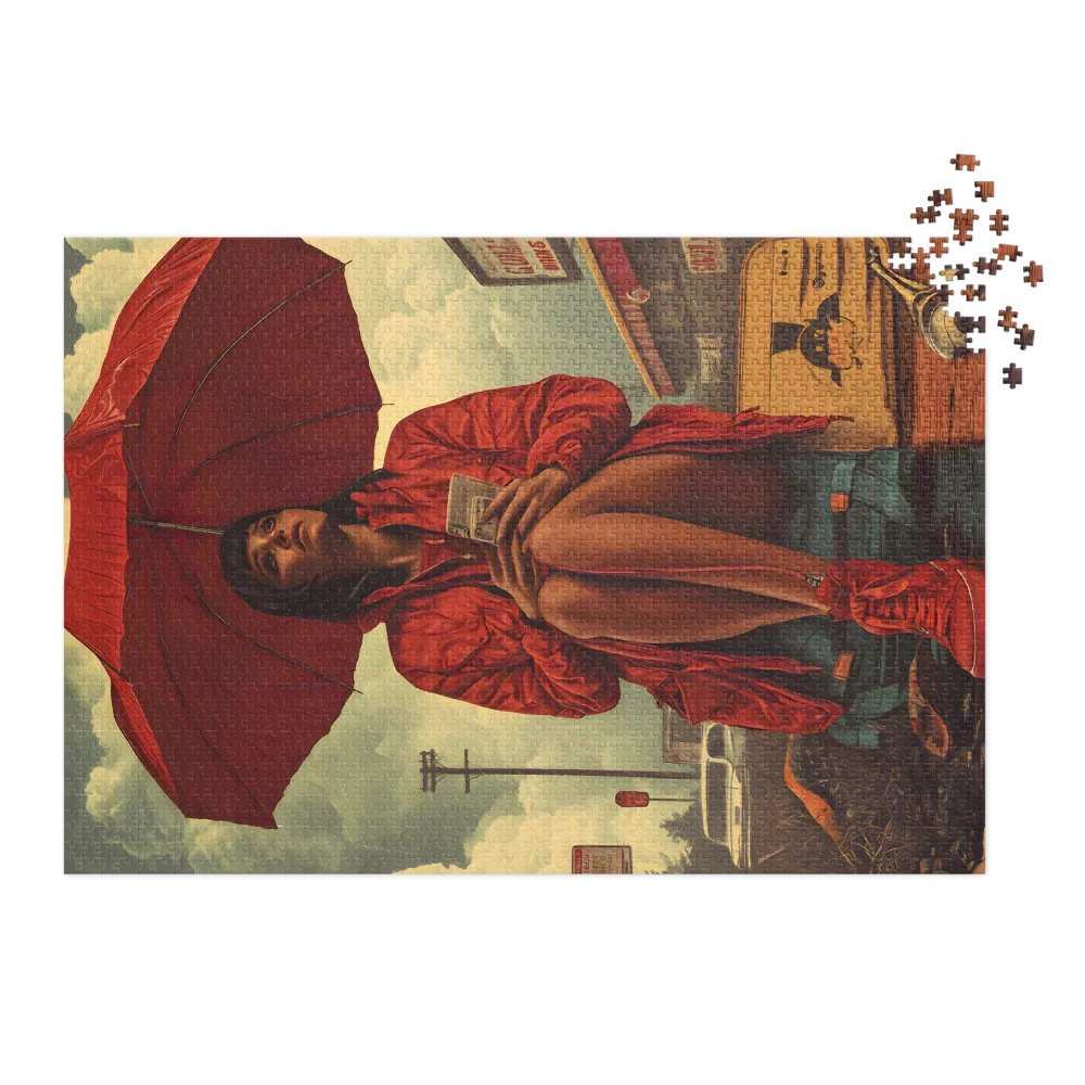 Woman with Red Umbrella in Urban Landscape