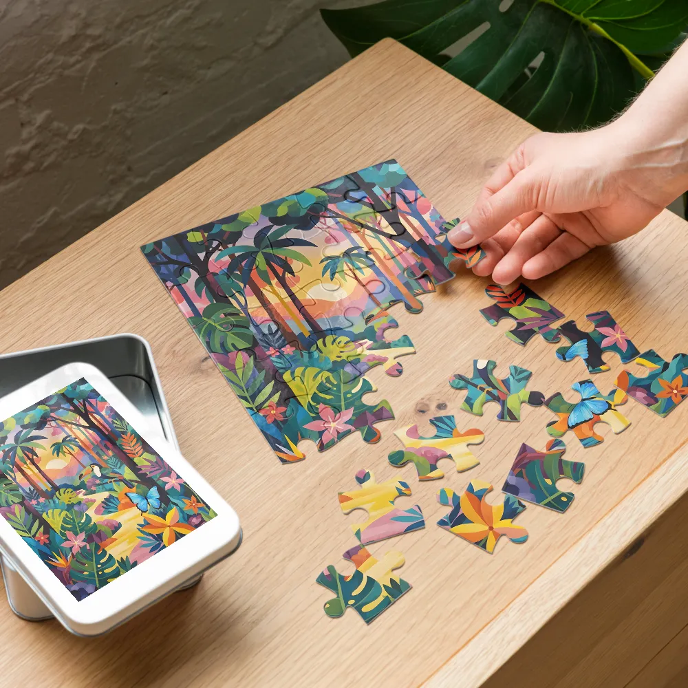Vibrant Jungle Sunset 
 Jigsaw Puzzle in Tin Box