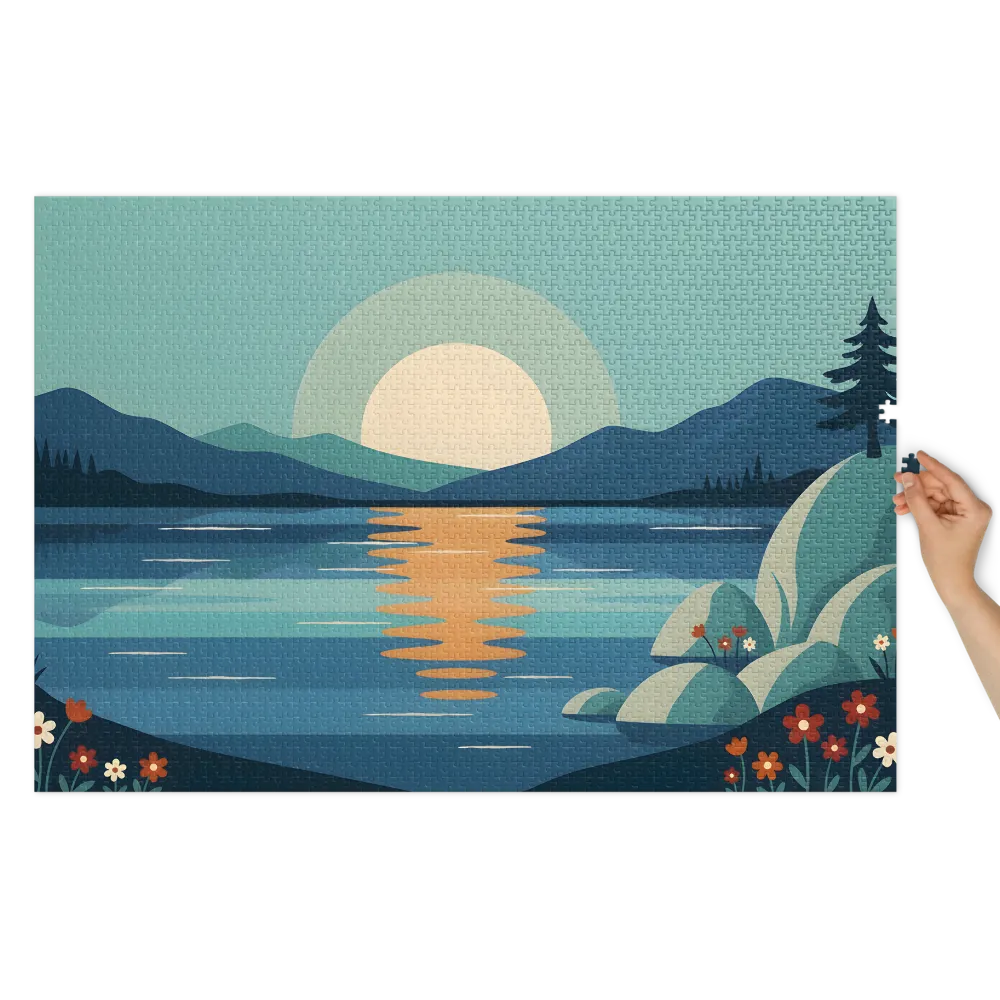 Tranquil Lake Sunset 
 Jigsaw Puzzle in Tin Box