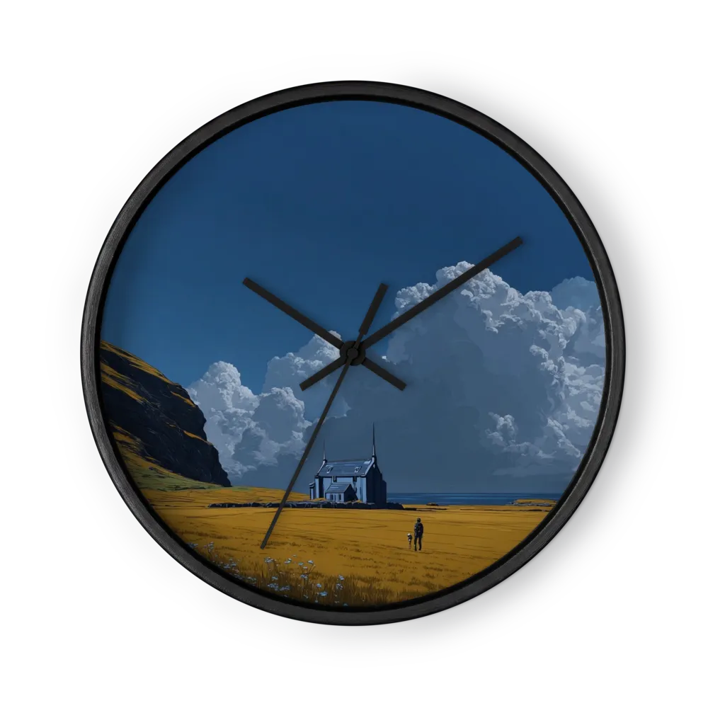 The Blue House in Golden Fields | Wall Clock