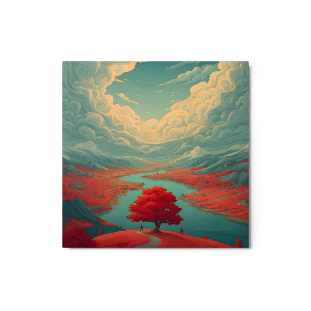 Red Tree by the Turquoise River 
 Canvas with White Frame