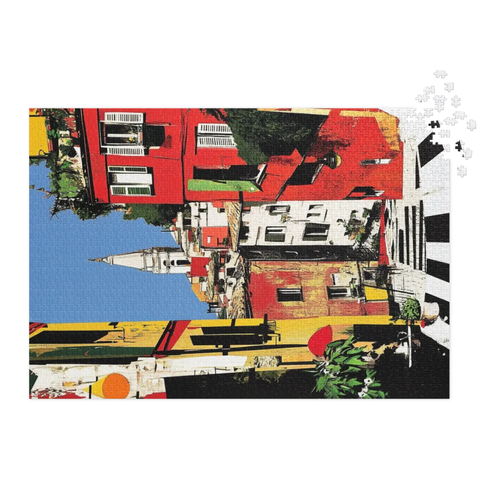 Vibrant Cityscape in Red and Yellow
