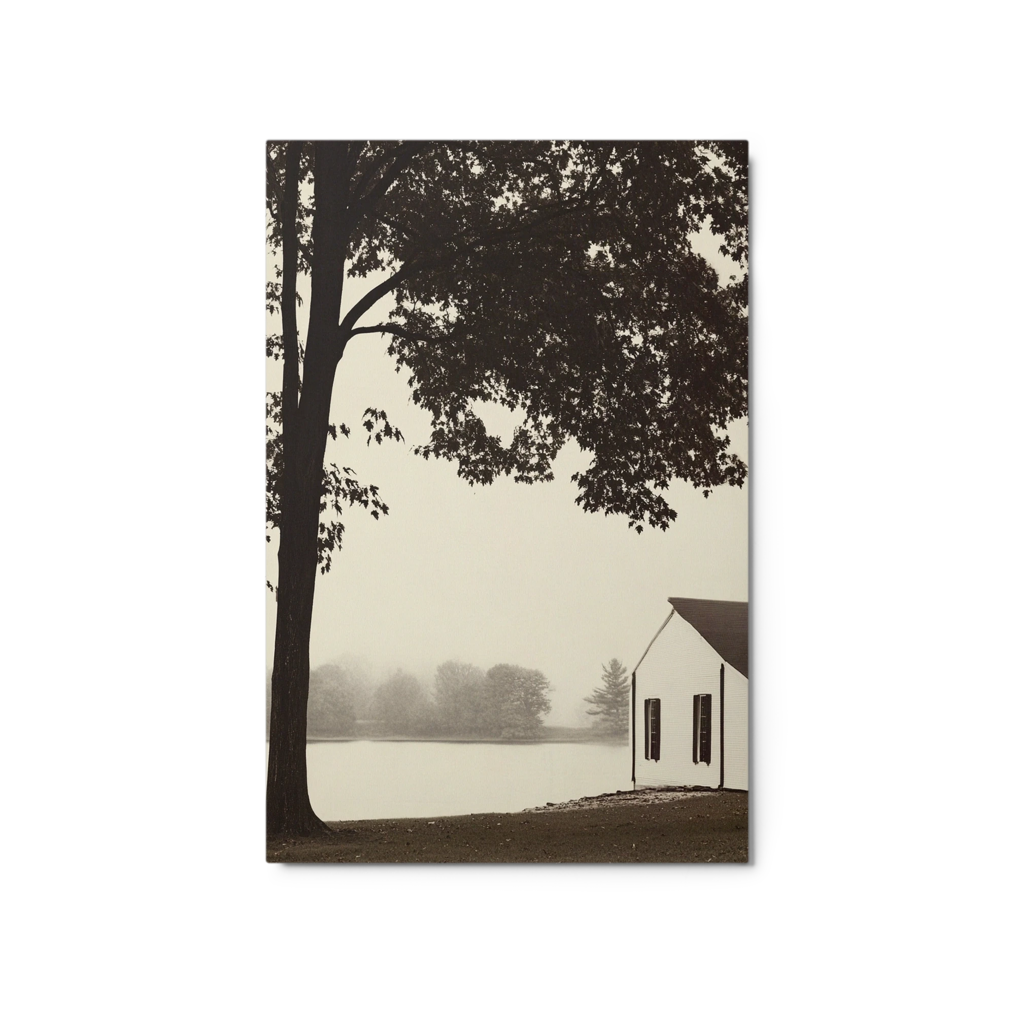 Solitary Retreat on a Misty Lake
