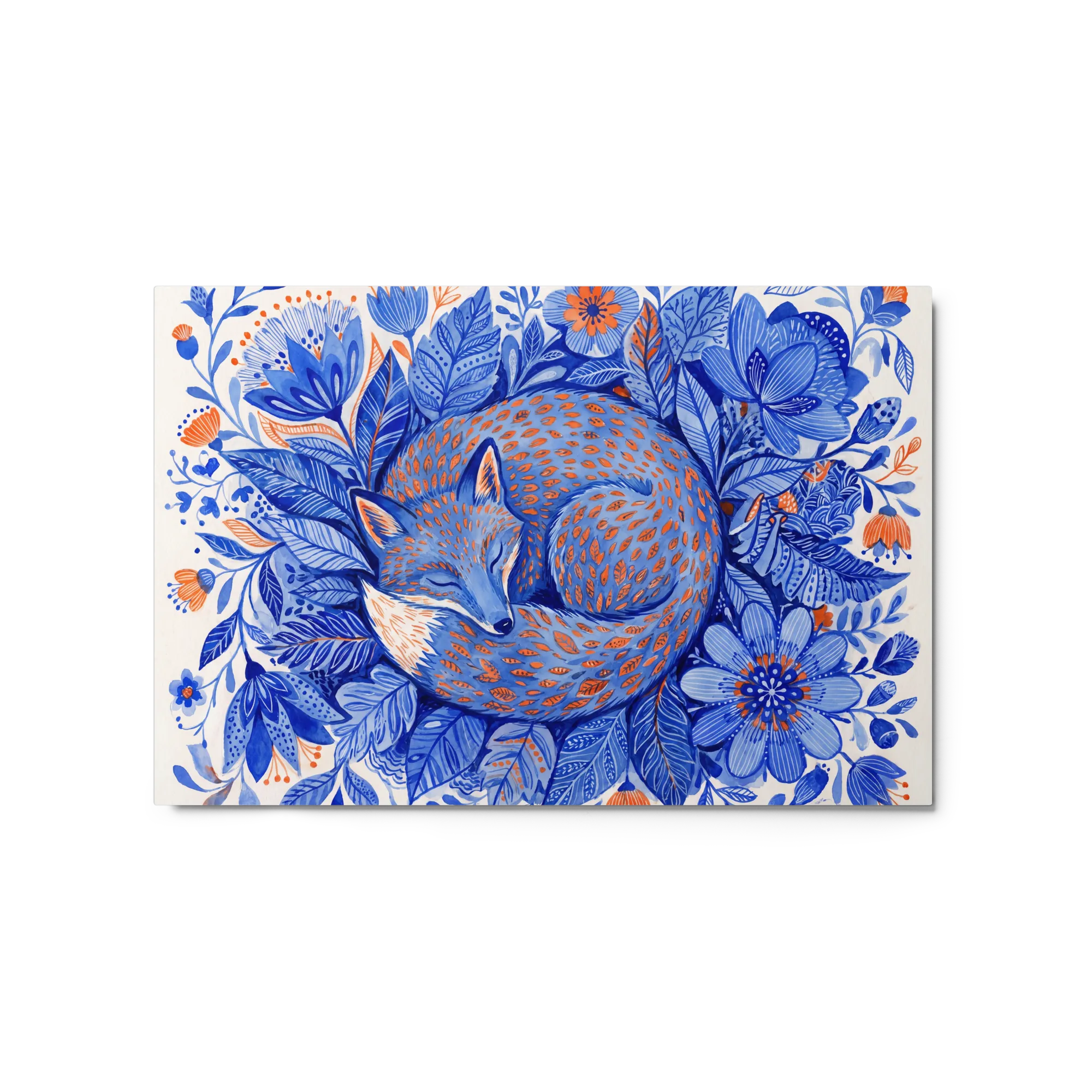 Sleeping Fox in Folk Floral 
 Metal Print | 20″x 30″