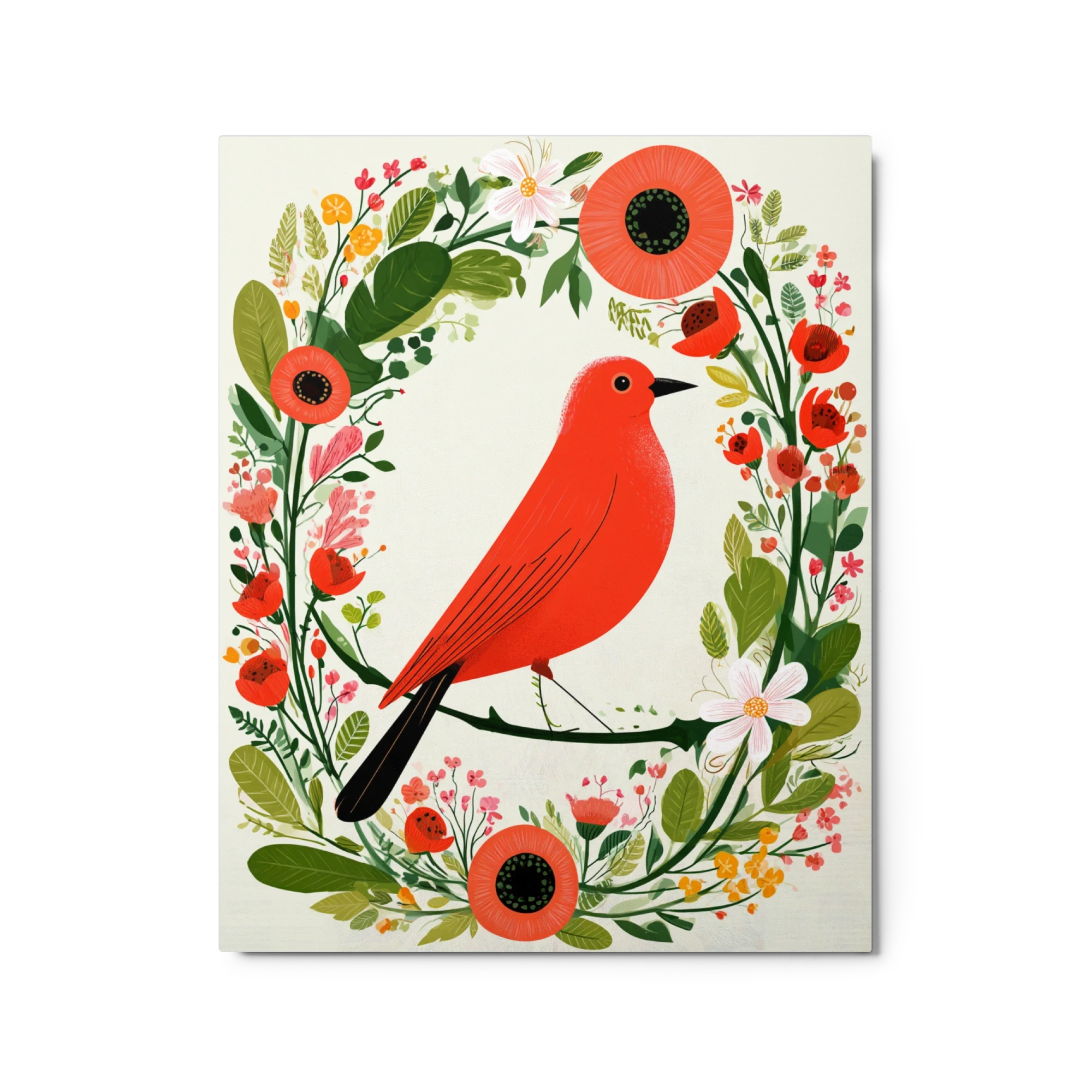 Red Bird in Floral Wreath