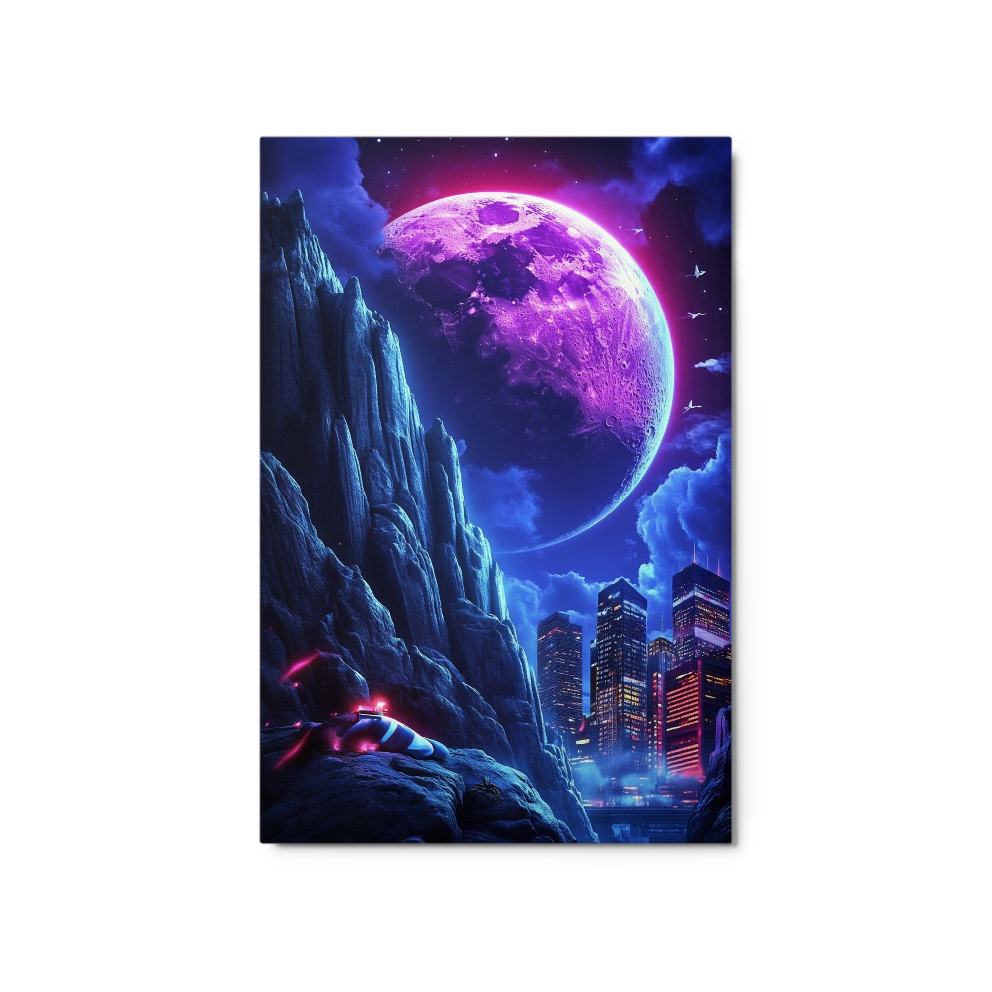 Surreal Cityscape with Purple Moon