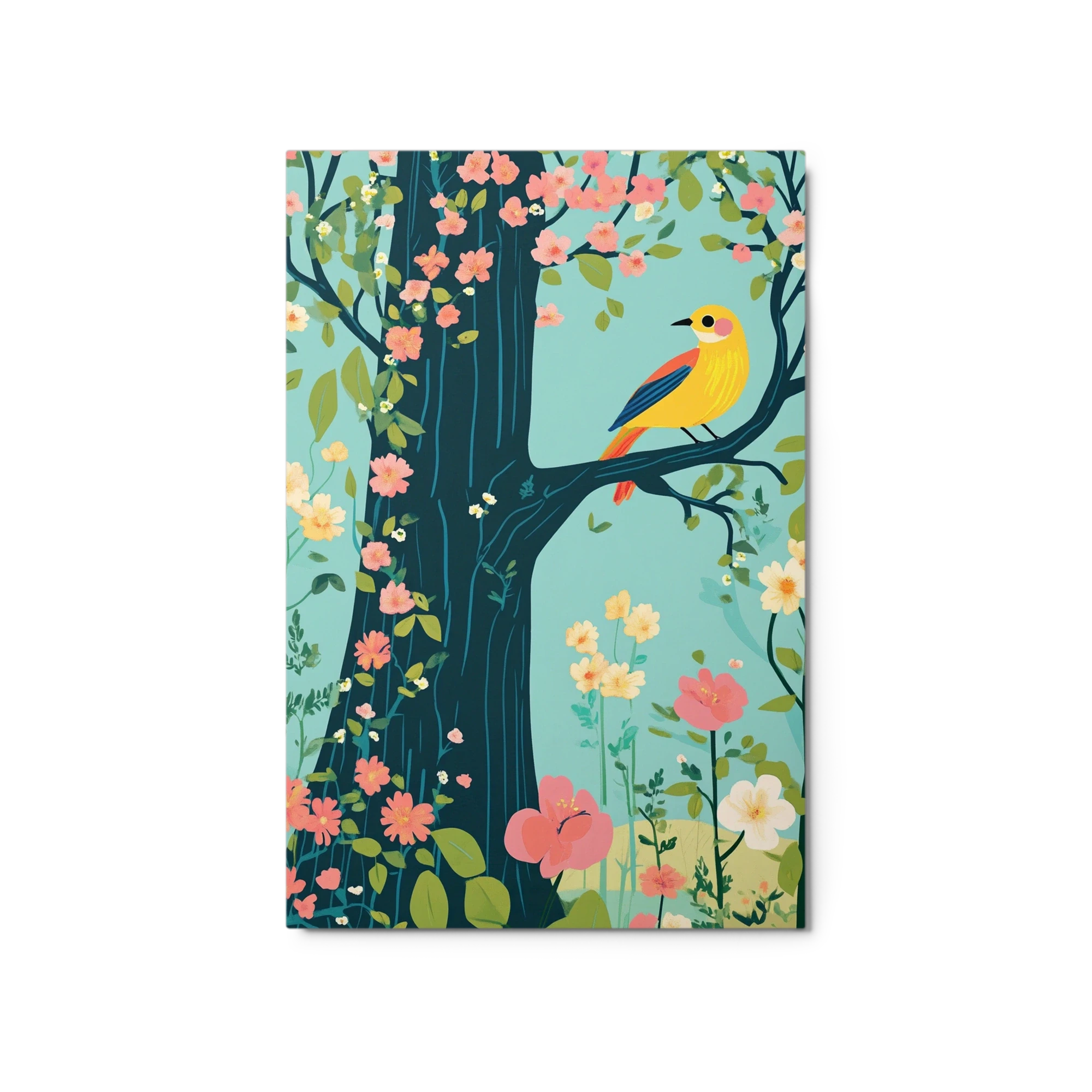 Yellow Bird on Tree with Flowers