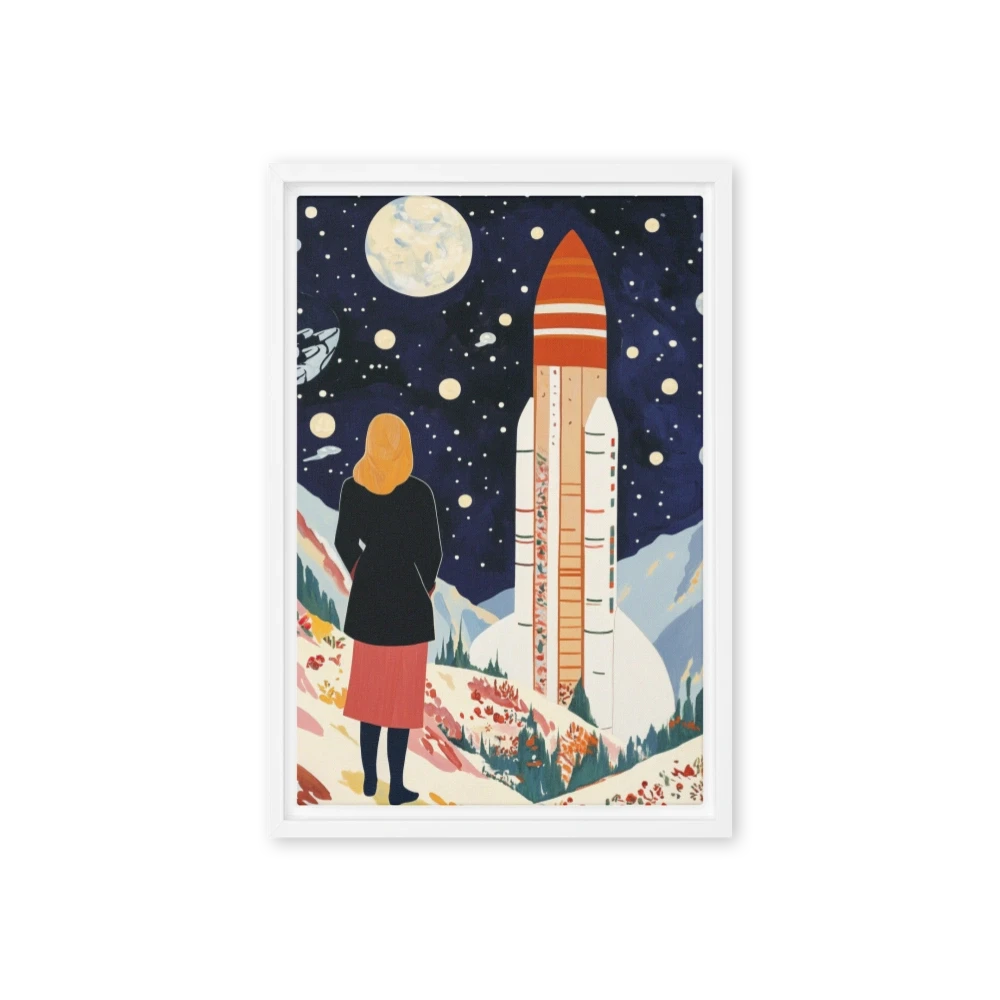 Woman Gazing at Rocket in Starry Sky