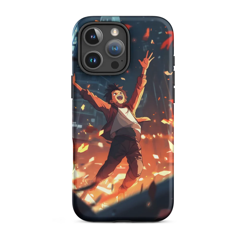 Boy Celebrating in Urban Autumn Scene | Phone Case