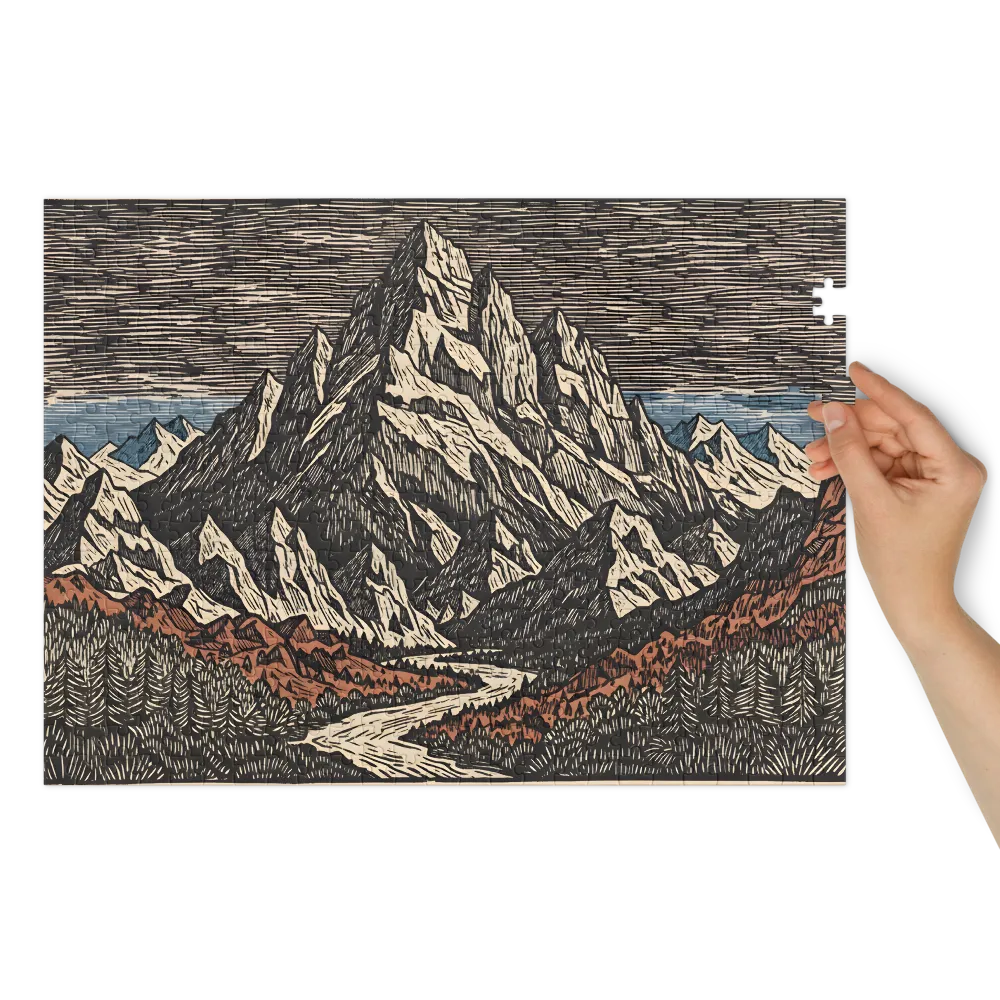 Alpine Woodcut Landscape 
 Jigsaw Puzzle in Tin Box