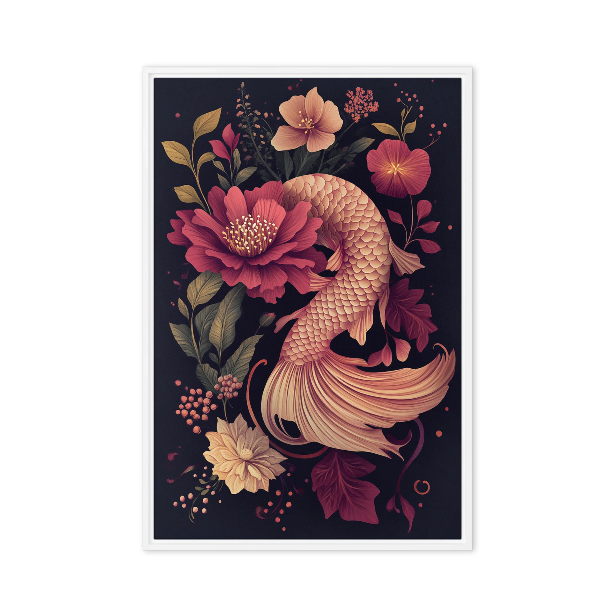 Golden Koi and Crimson Flora | Art Print