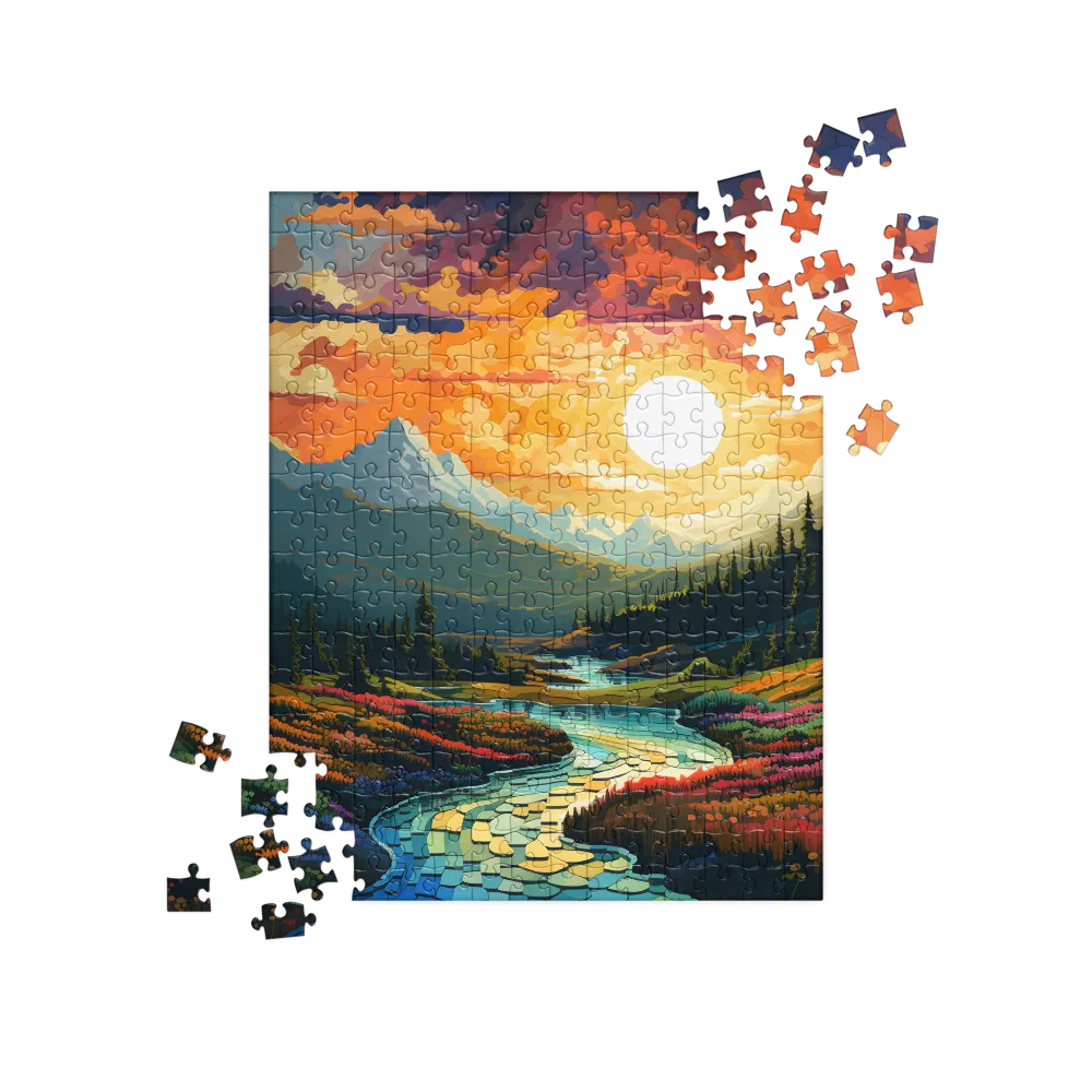 Stained Glass Mountain Sunset 
 Jigsaw Puzzle
