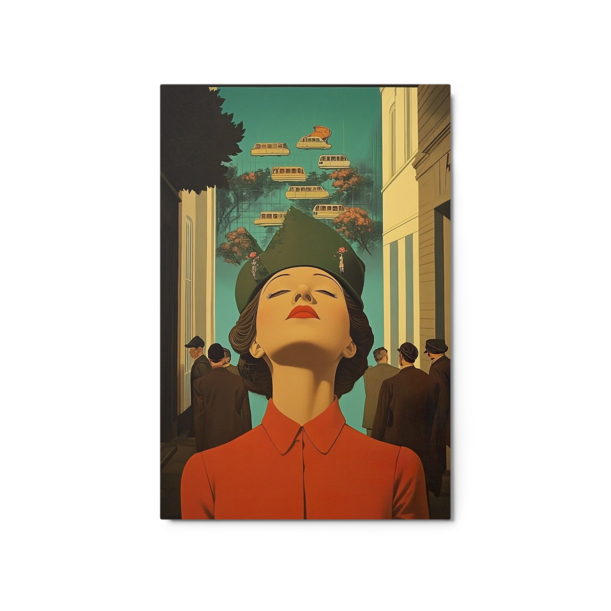 Surreal Woman with Floating Trams