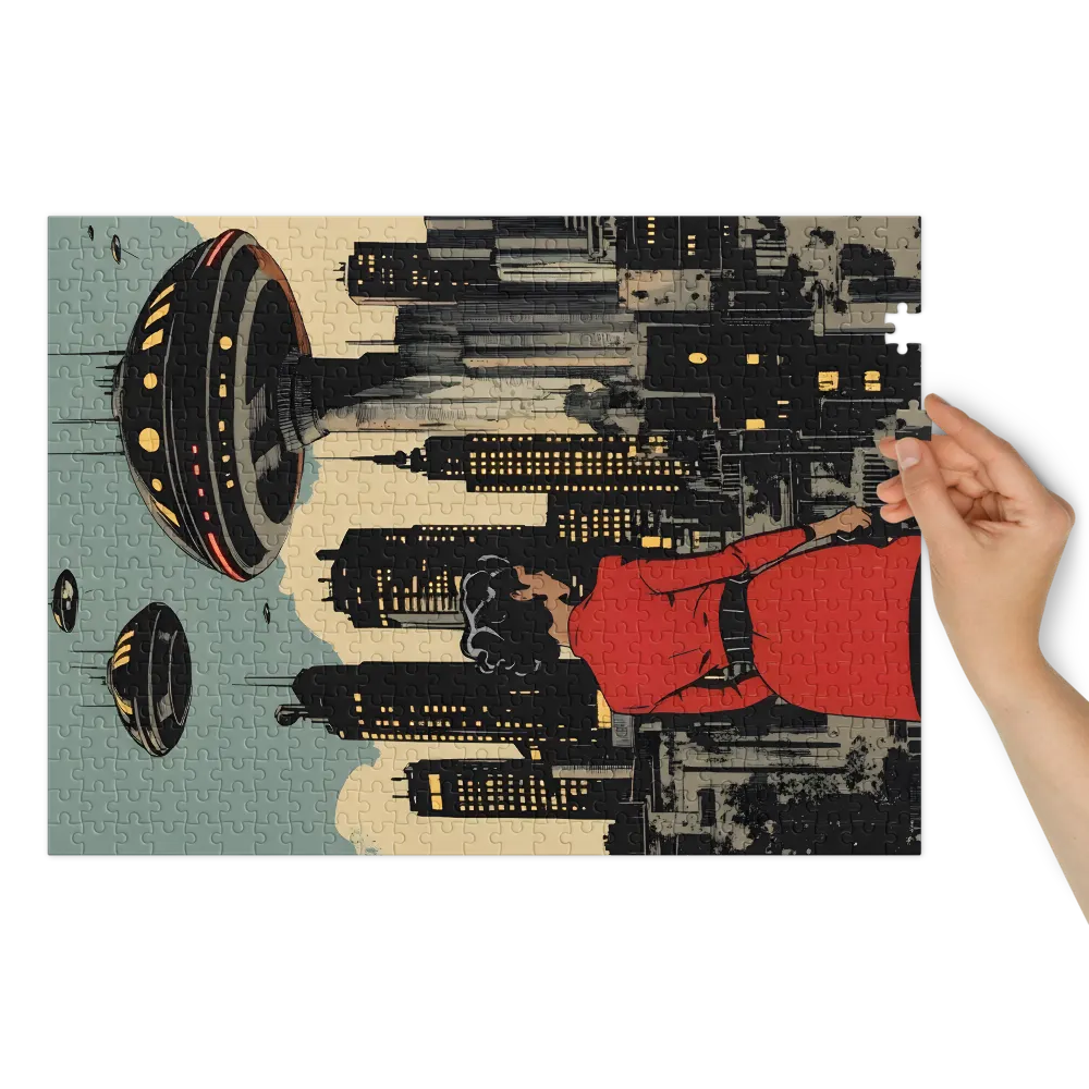 Retro-Futuristic Urban Vista 
 Jigsaw Puzzle in Tin Box