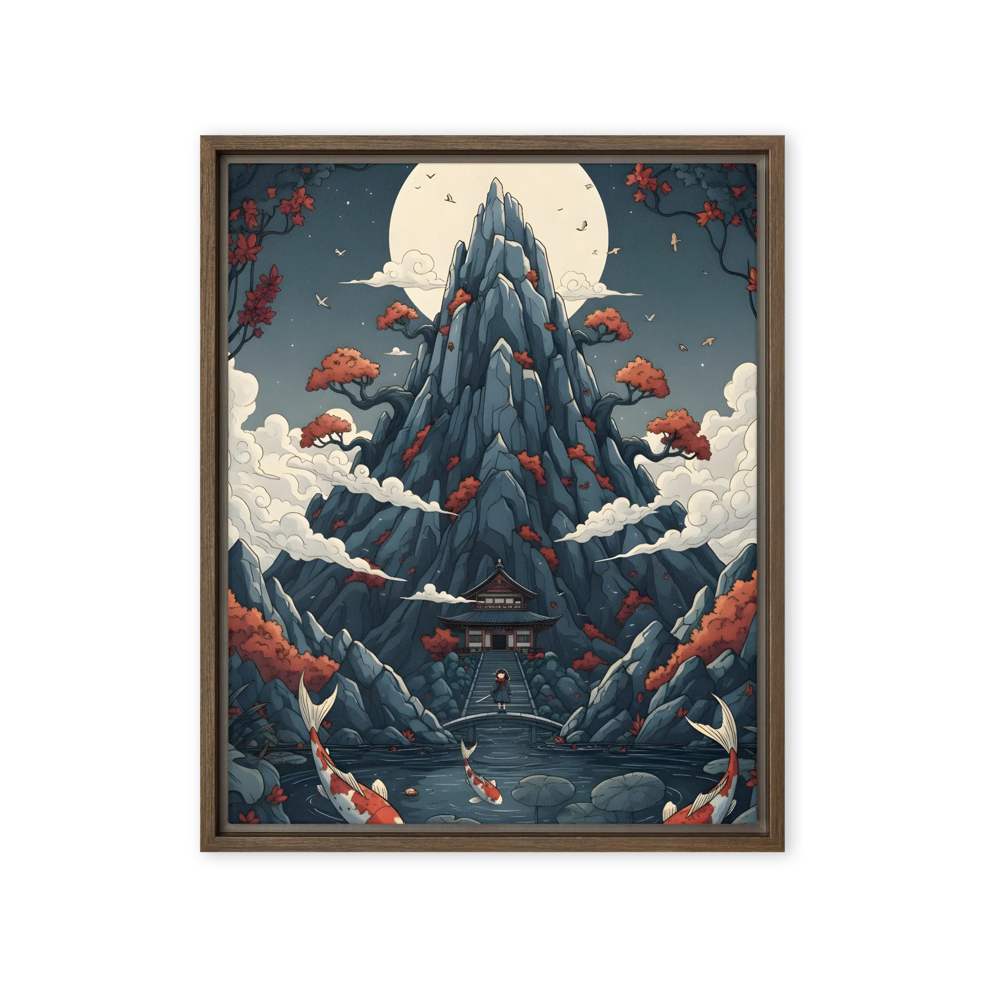 Moonlit Sanctuary of the Koi 
 Poster with White Frame | 16″x 20″
