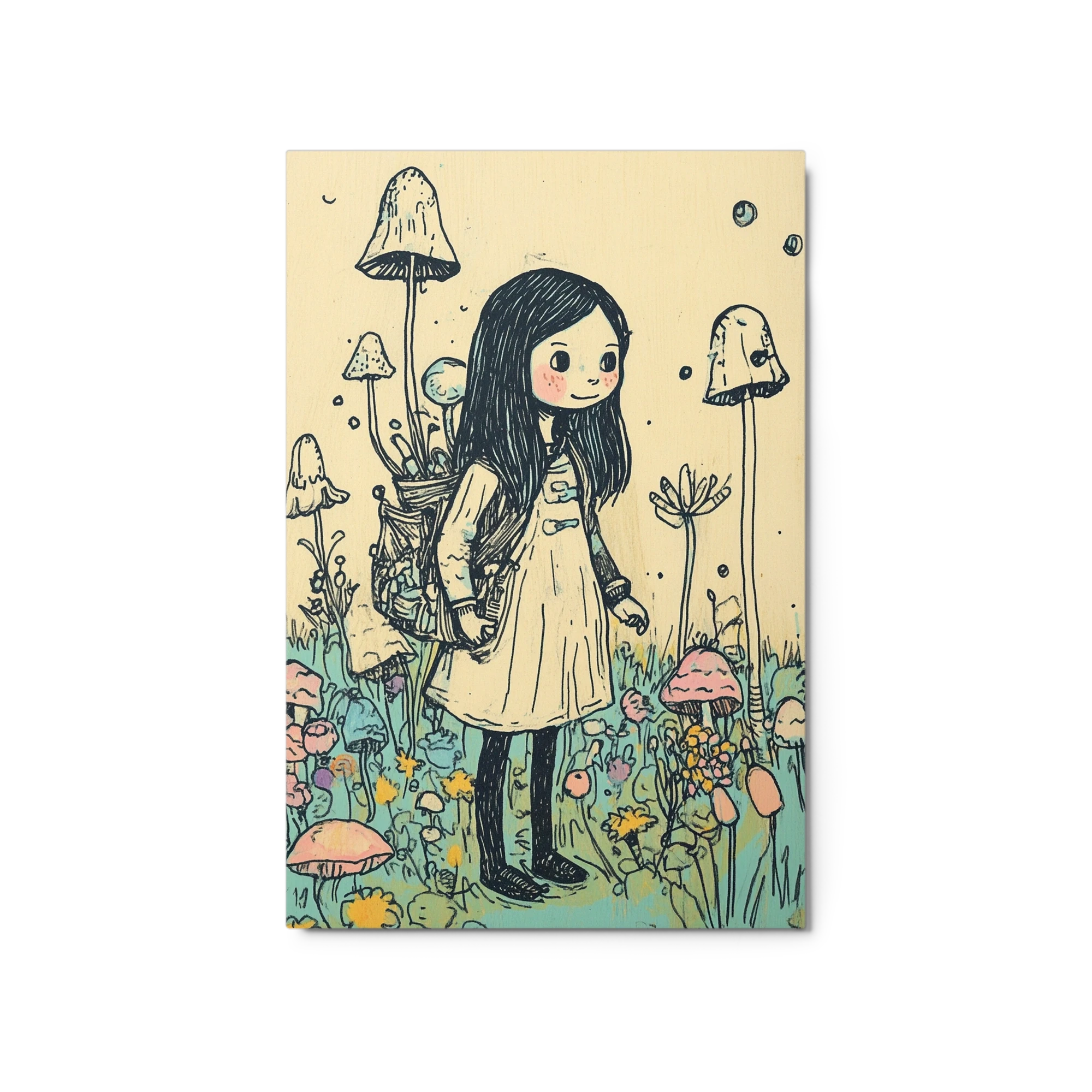 Whimsical Girl with Mushrooms and Flowers